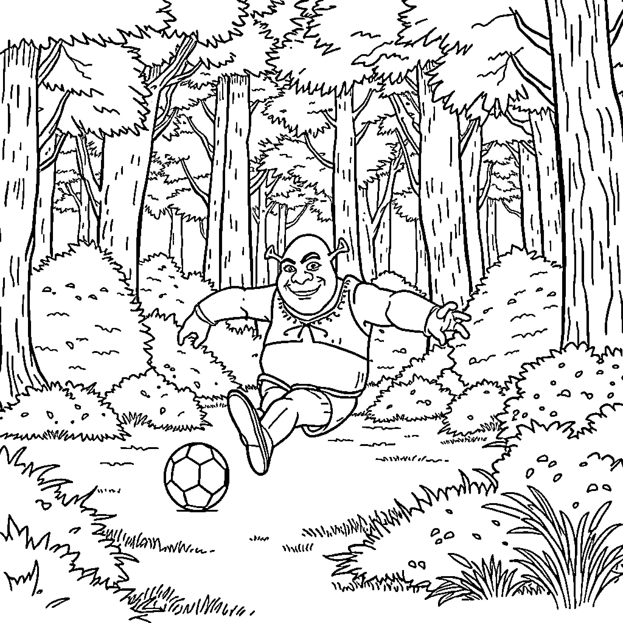 Shrek playing with a soccer ball in the forest Coloring Page (free black-and-white line drawing printable PDF for all, from beginners to advanced learners, including children, teens, adults, and seniors)