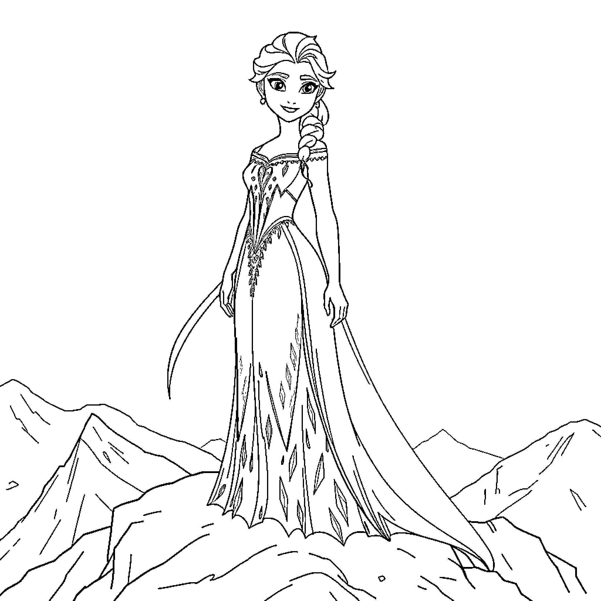 Elsa in her majestic ice dress Coloring Page (free black-and-white line drawing printable PDF for all, from beginners to advanced learners, including children, teens, adults, and seniors)