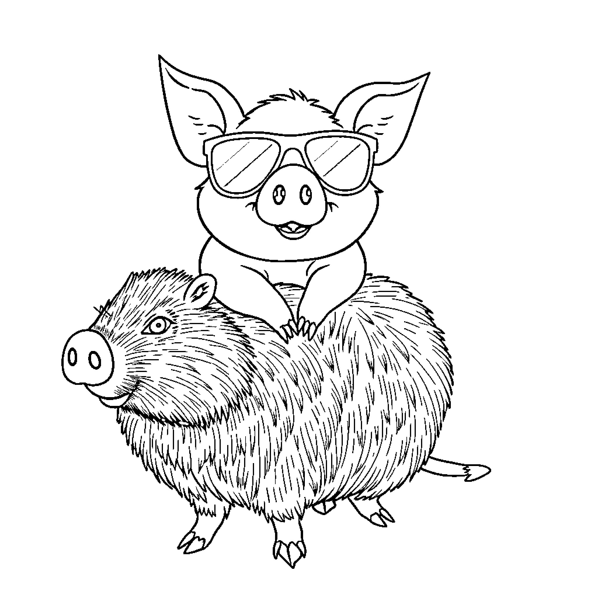 Pig wearing sunglasses and riding a furry friend Coloring Page (free black-and-white line drawing printable PDF for all, from beginners to advanced learners, including children, teens, adults, and seniors)