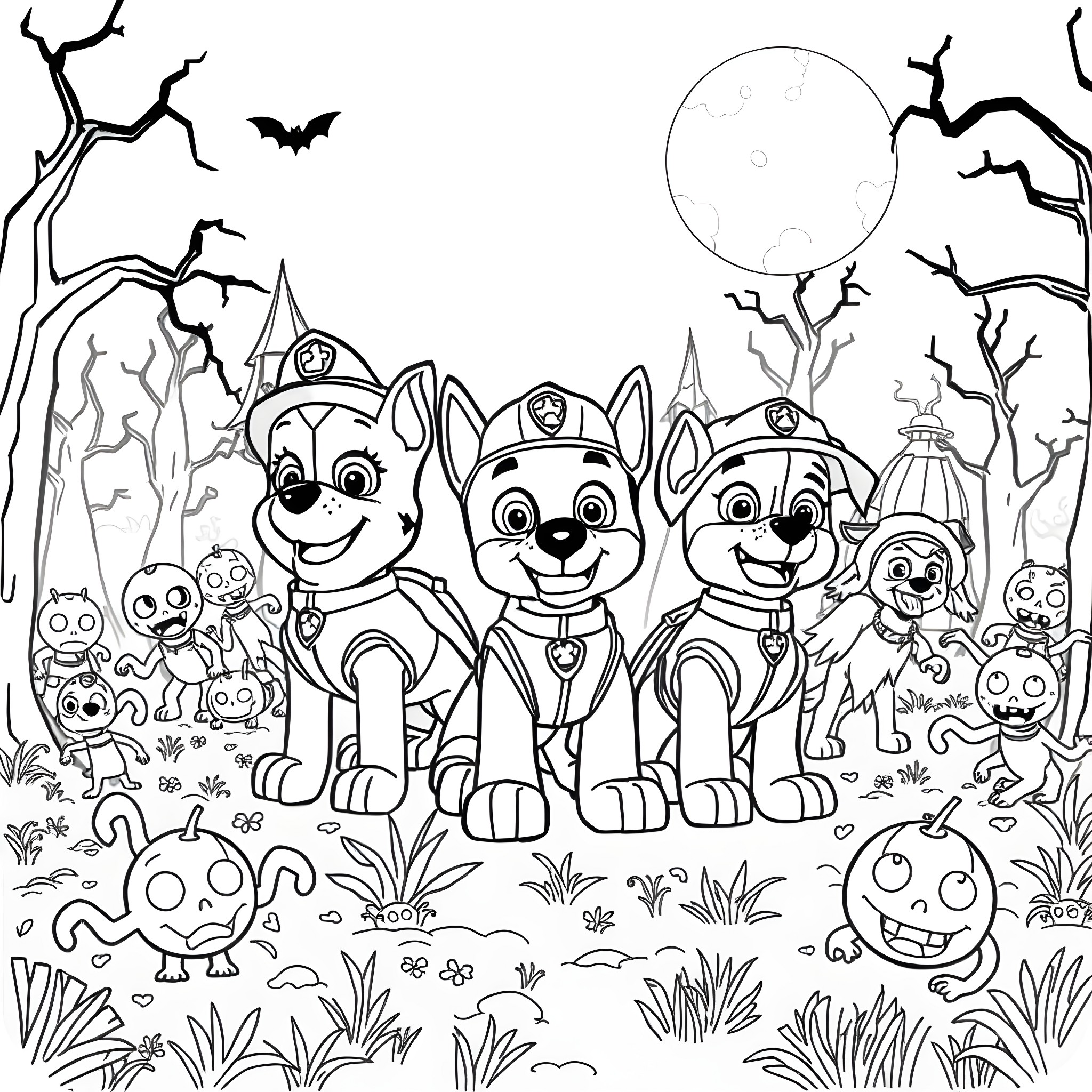 Paw Patrol characters in spooky Halloween scene Coloring Page (free black-and-white line drawing printable PDF for all, from beginners to advanced learners, including children, teens, adults, and seniors)