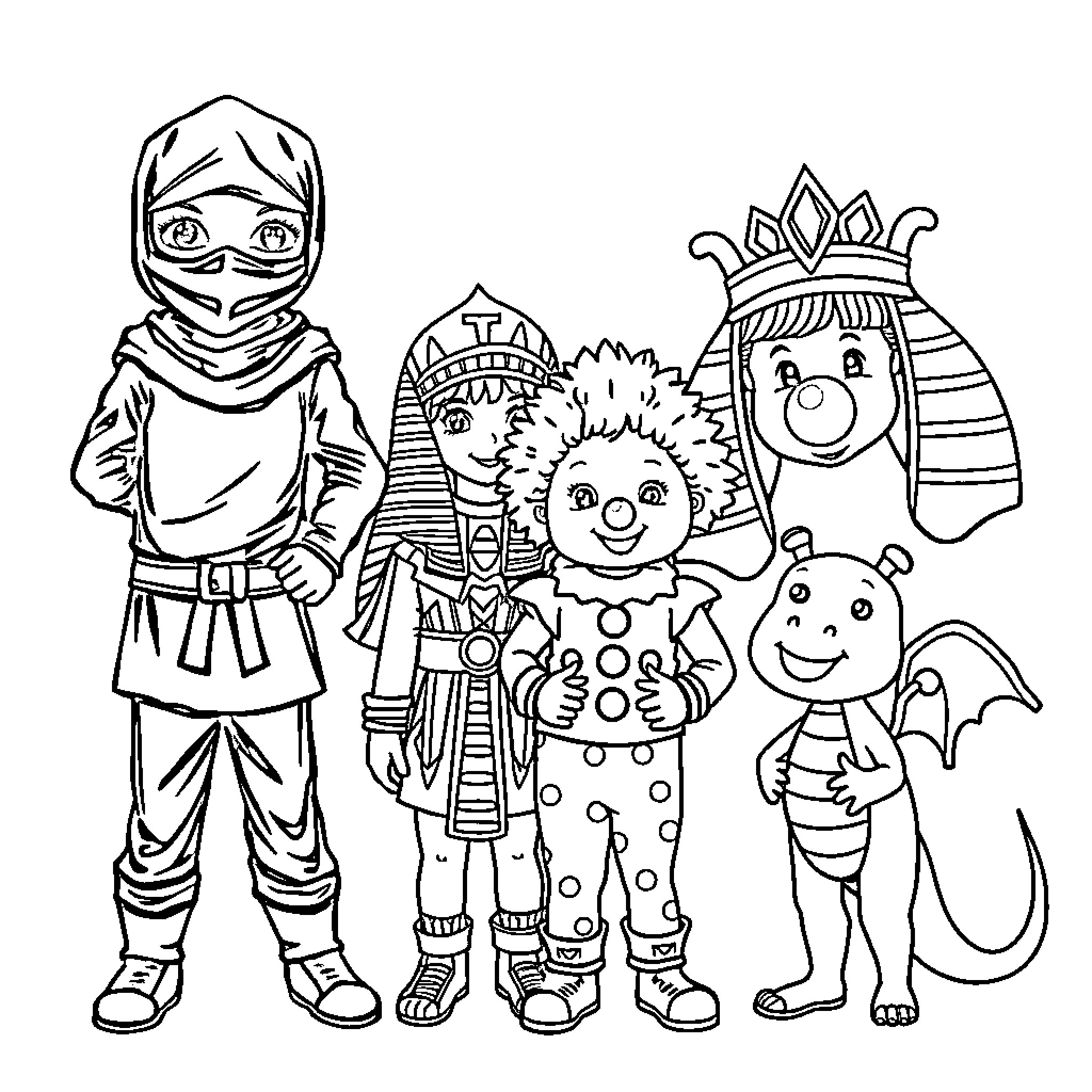 Child characters in costume and fantasy outfits Coloring Page (free black-and-white line drawing printable PDF for all, from beginners to advanced learners, including children, teens, adults, and seniors)