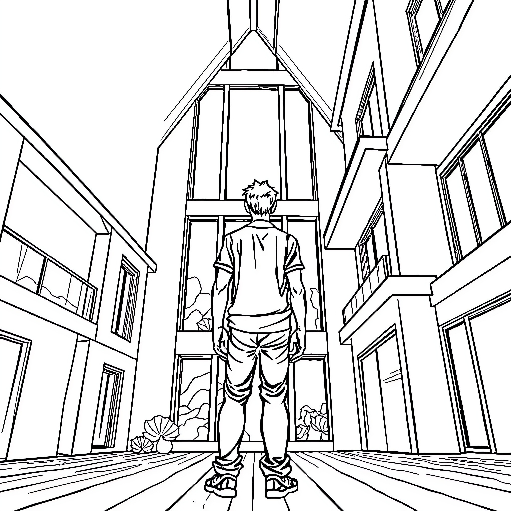 Human standing alone in abstract architectural setting Coloring Page (free black-and-white line drawing printable PDF for all, from beginners to advanced learners, including children, teens, adults, and seniors)