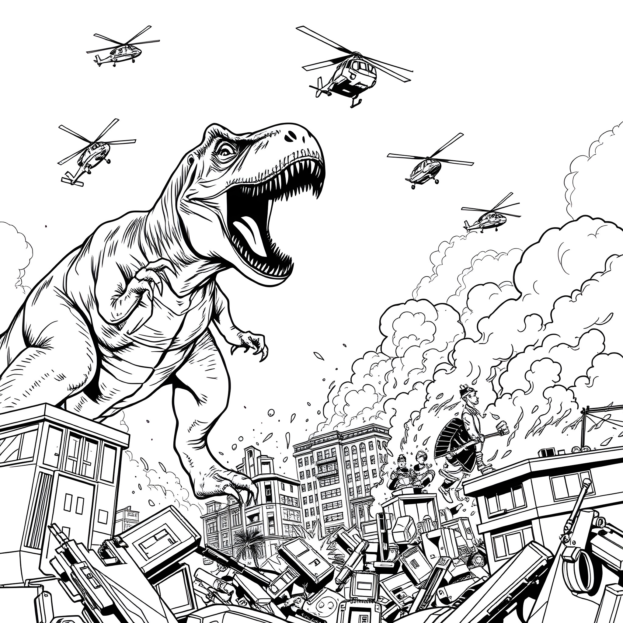 T-Rex Rampaging Through Destroyed City with Helicopters Coloring Page (free black-and-white line drawing printable PDF for all, from beginners to advanced learners, including children, teens, adults, and seniors)