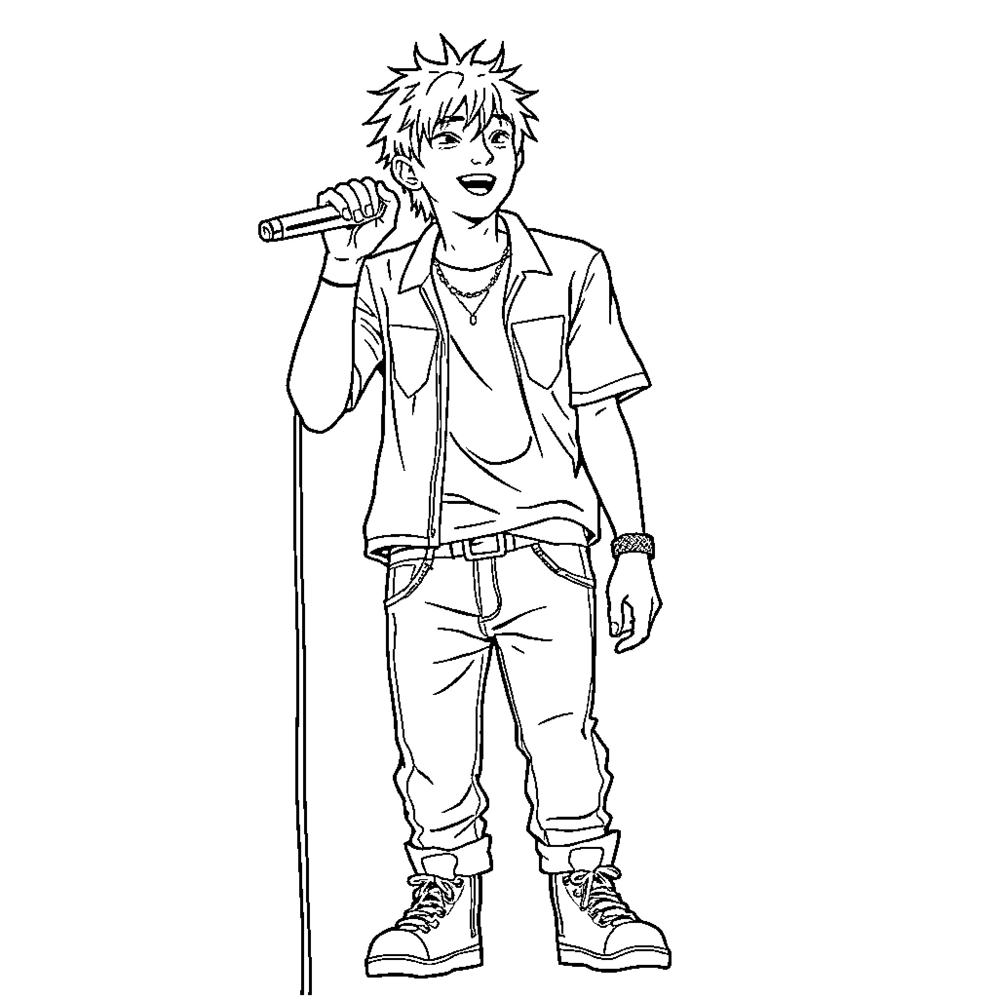 Joji performing on stage with microphone Coloring Page (free black-and-white line drawing printable PDF for all, from beginners to advanced learners, including children, teens, adults, and seniors)