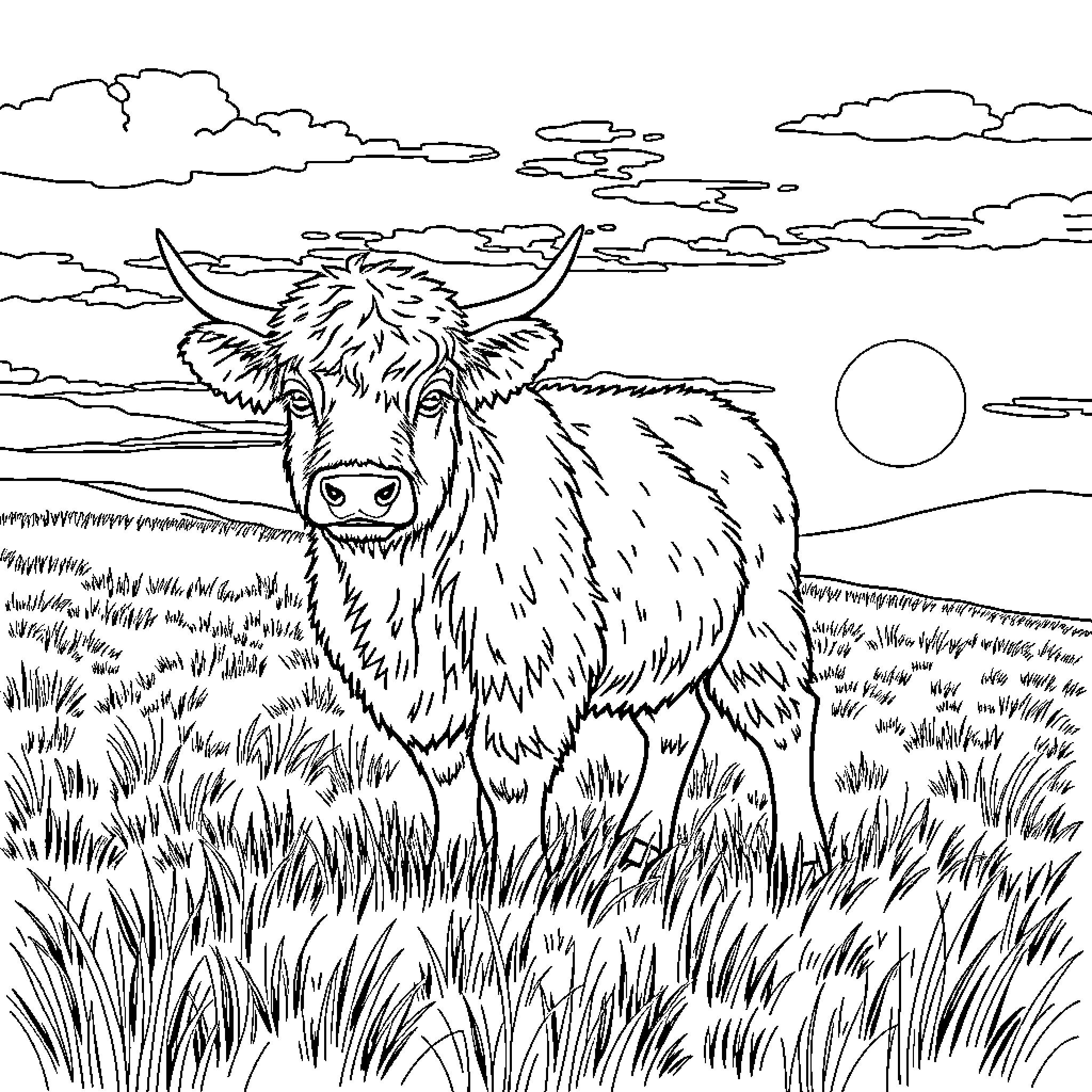 Highland Cow enjoying the serene landscape Coloring Page (free black-and-white line drawing printable PDF for all, from beginners to advanced learners, including children, teens, adults, and seniors)