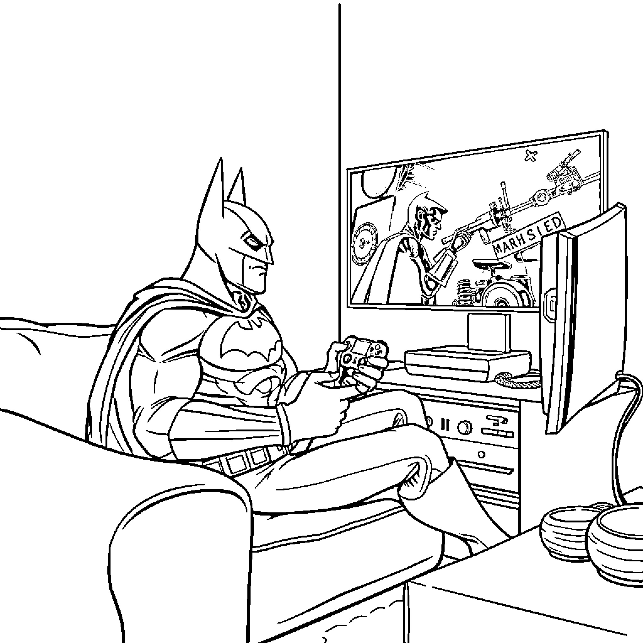 Batman playing video games in his batcave Coloring Page (free black-and-white line drawing printable PDF for all, from beginners to advanced learners, including children, teens, adults, and seniors)