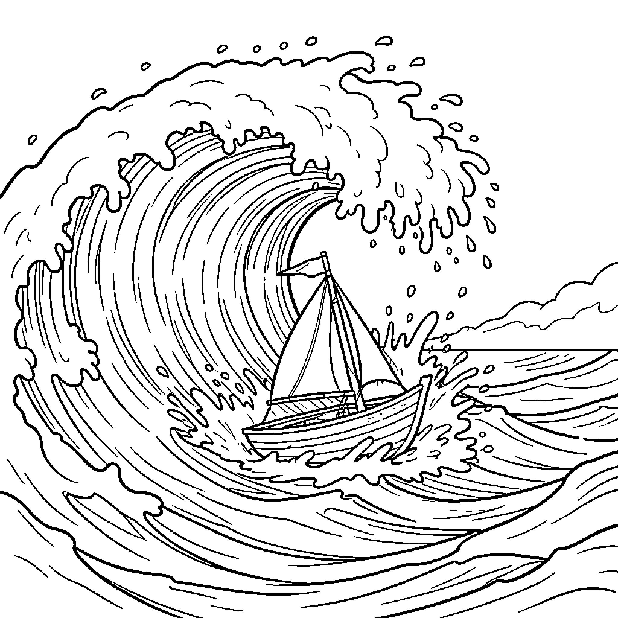 Sailboat navigating through stormy waves Coloring Page (free black-and-white line drawing printable PDF for all, from beginners to advanced learners, including children, teens, adults, and seniors)