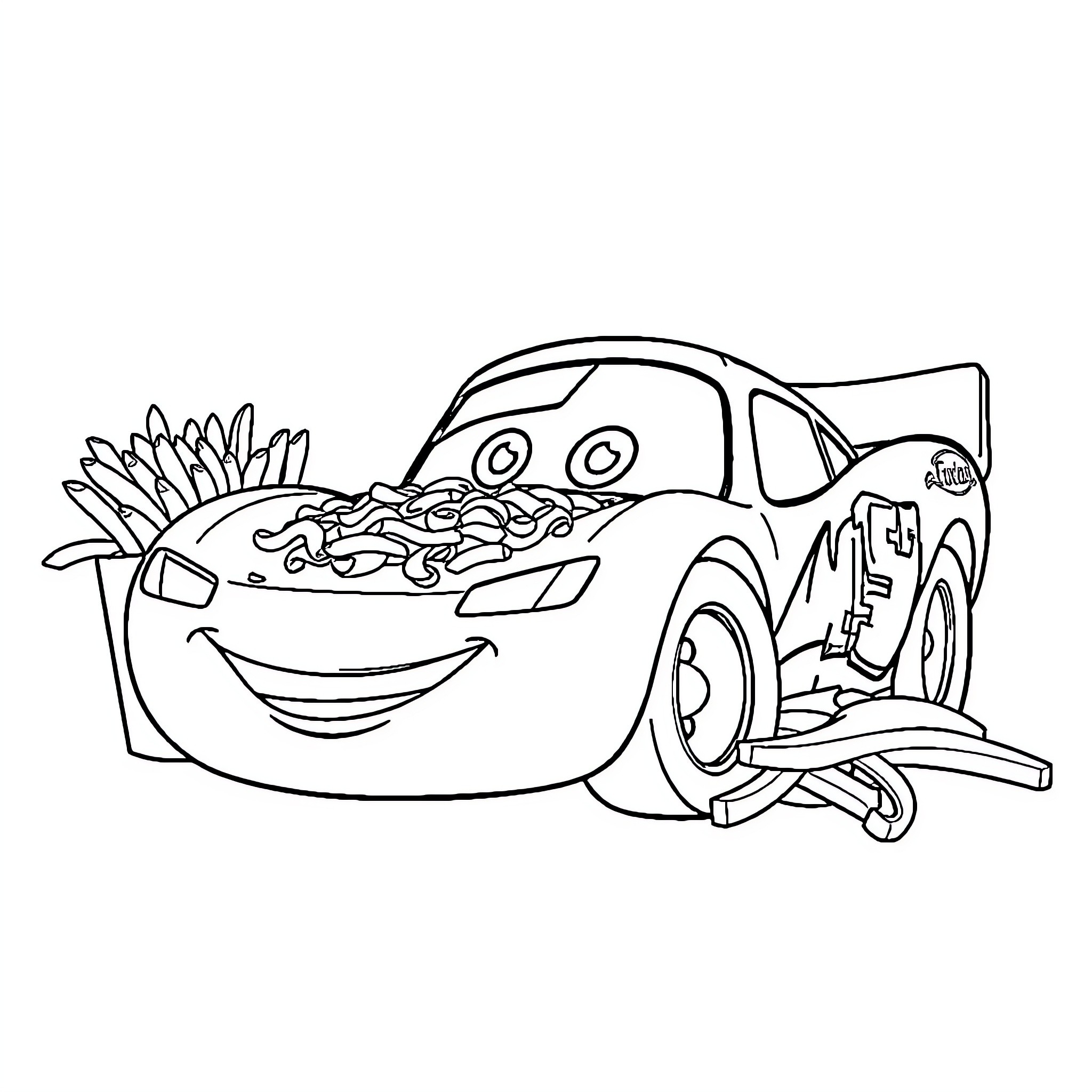 Lightning McQueen in a playful and humorous scene Coloring Page (free black-and-white line drawing printable PDF for all, from beginners to advanced learners, including children, teens, adults, and seniors)