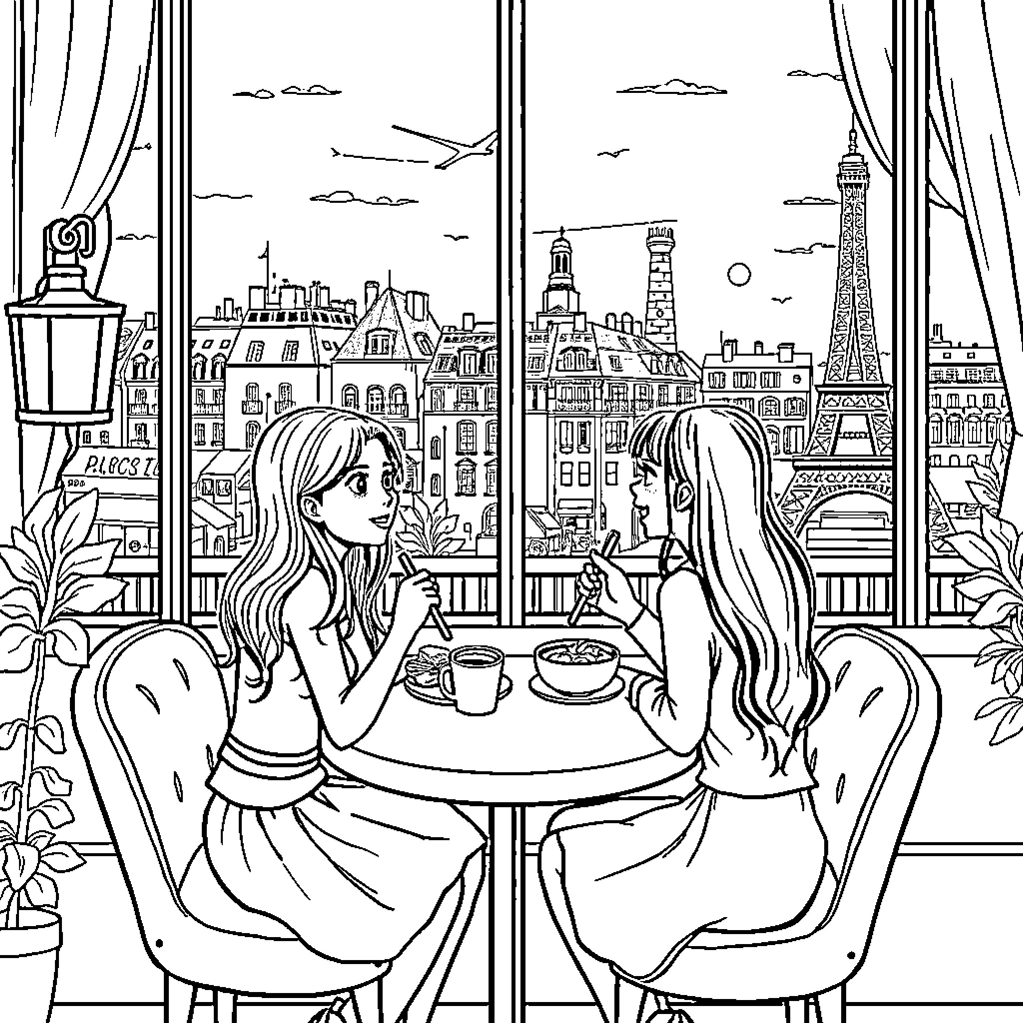 Girl Friends Dining with Paris Cityscape View Coloring Page (free black-and-white line drawing printable PDF for all, from beginners to advanced learners, including children, teens, adults, and seniors)