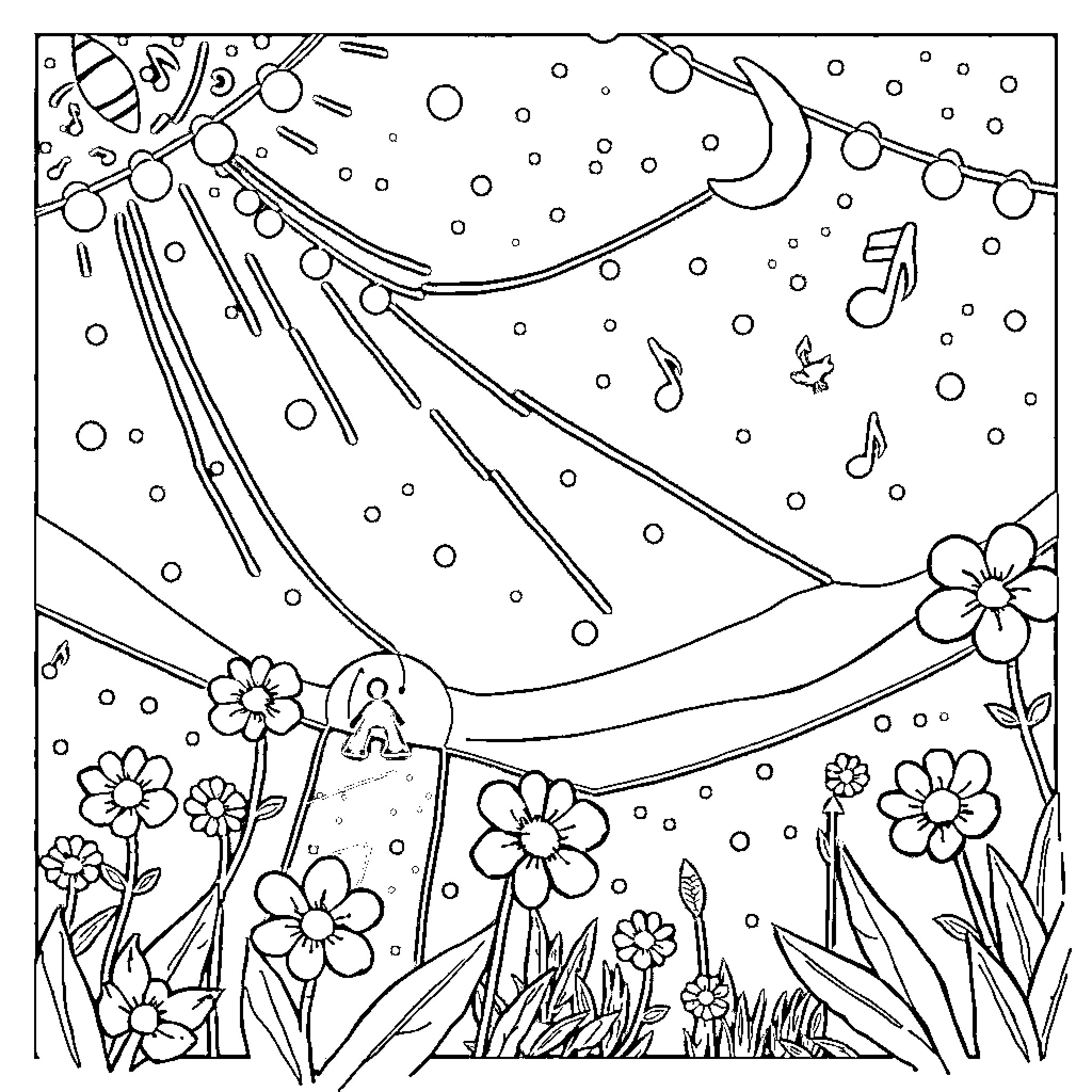 Tralalero evening celebration with music and nature Coloring Page (free black-and-white line drawing printable PDF for all, from beginners to advanced learners, including children, teens, adults, and seniors)