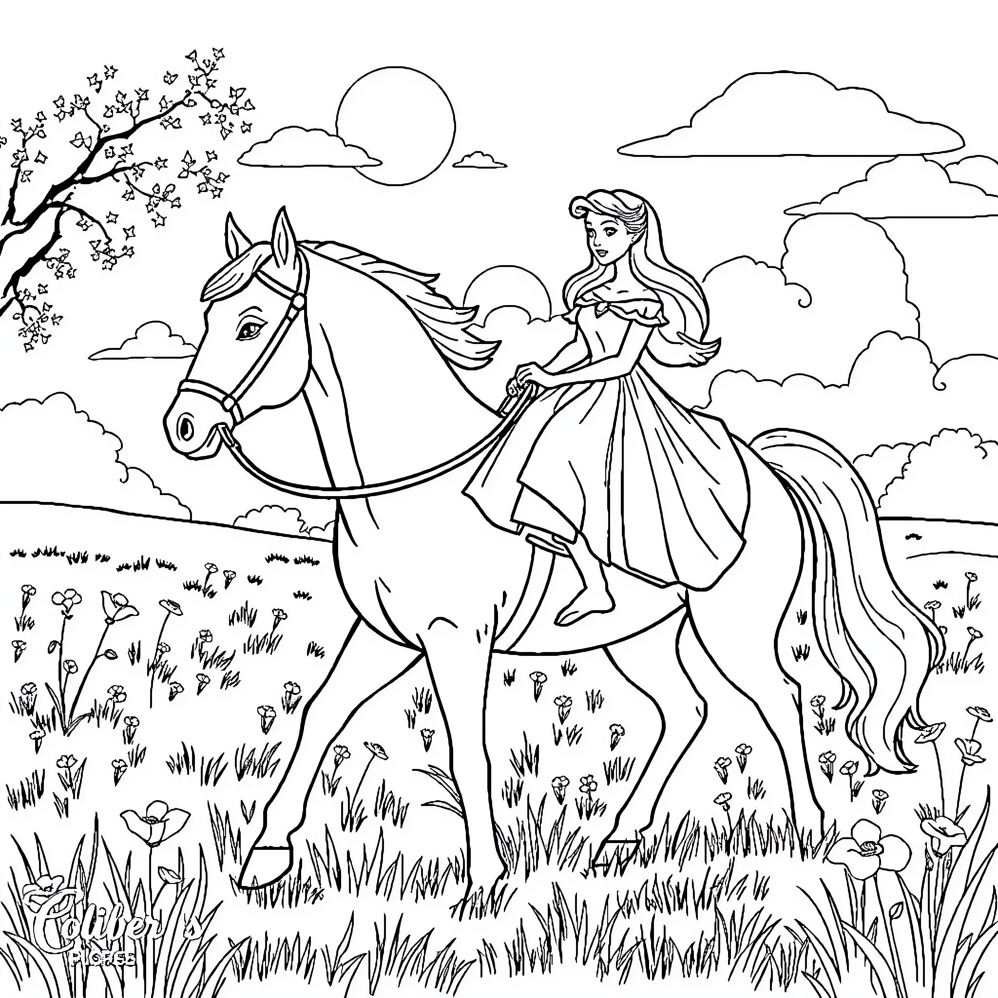 Belle riding a horse through a scenic landscape Coloring Page (free black-and-white line drawing printable PDF for all, from beginners to advanced learners, including children, teens, adults, and seniors)