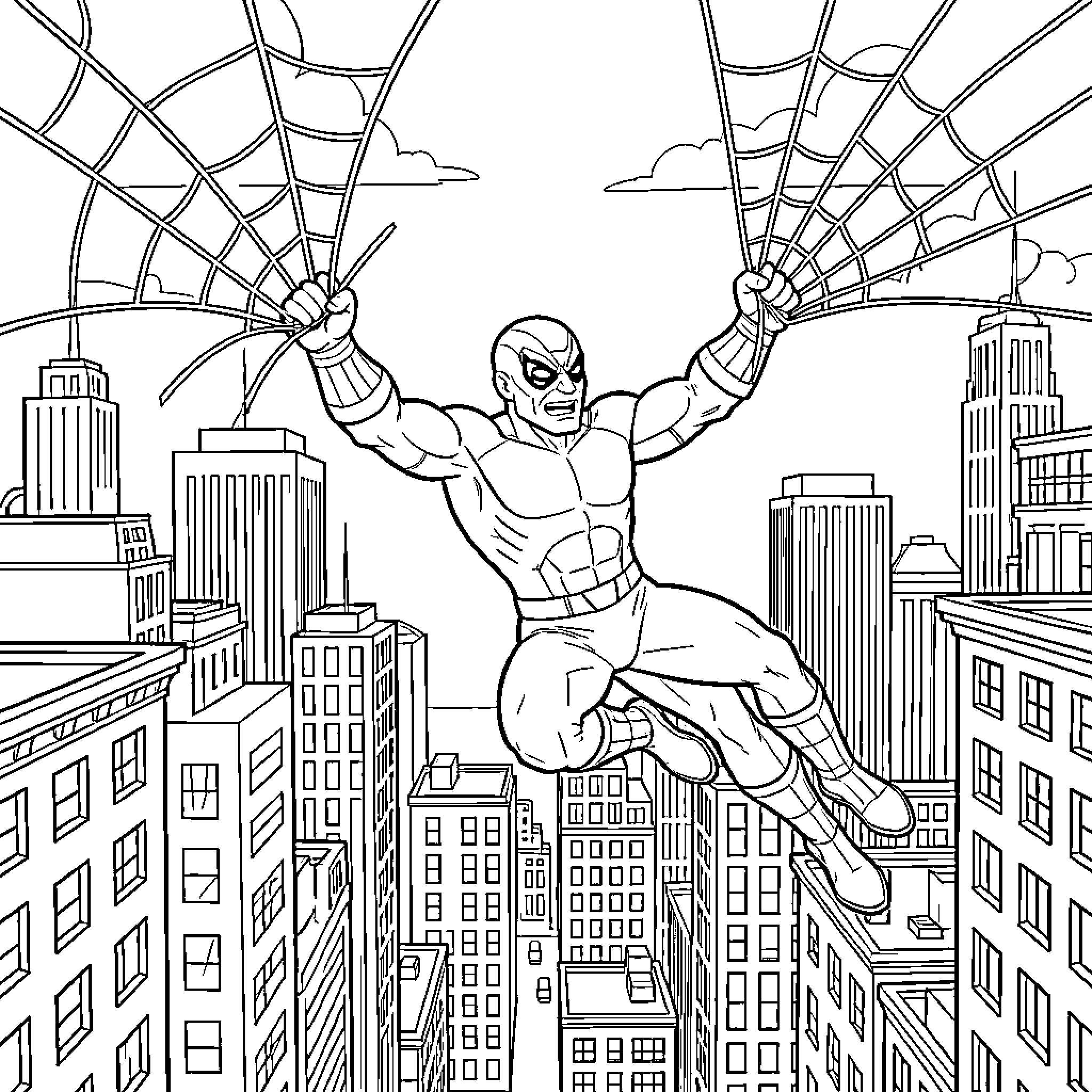 Spuderman swinging through the city skyline Coloring Page (free black-and-white line drawing printable PDF for all, from beginners to advanced learners, including children, teens, adults, and seniors)
