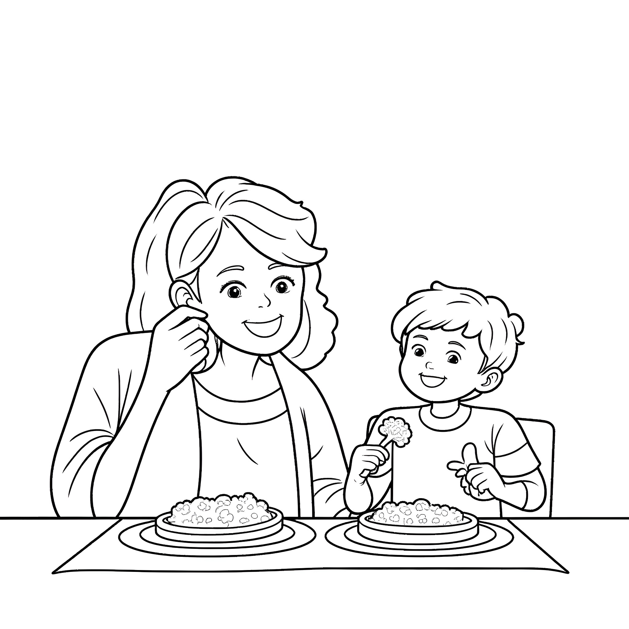 Cocomelon - Mother and son enjoying cake together Coloring Page (free black-and-white line drawing printable PDF for all, from beginners to advanced learners, including children, teens, adults, and seniors)