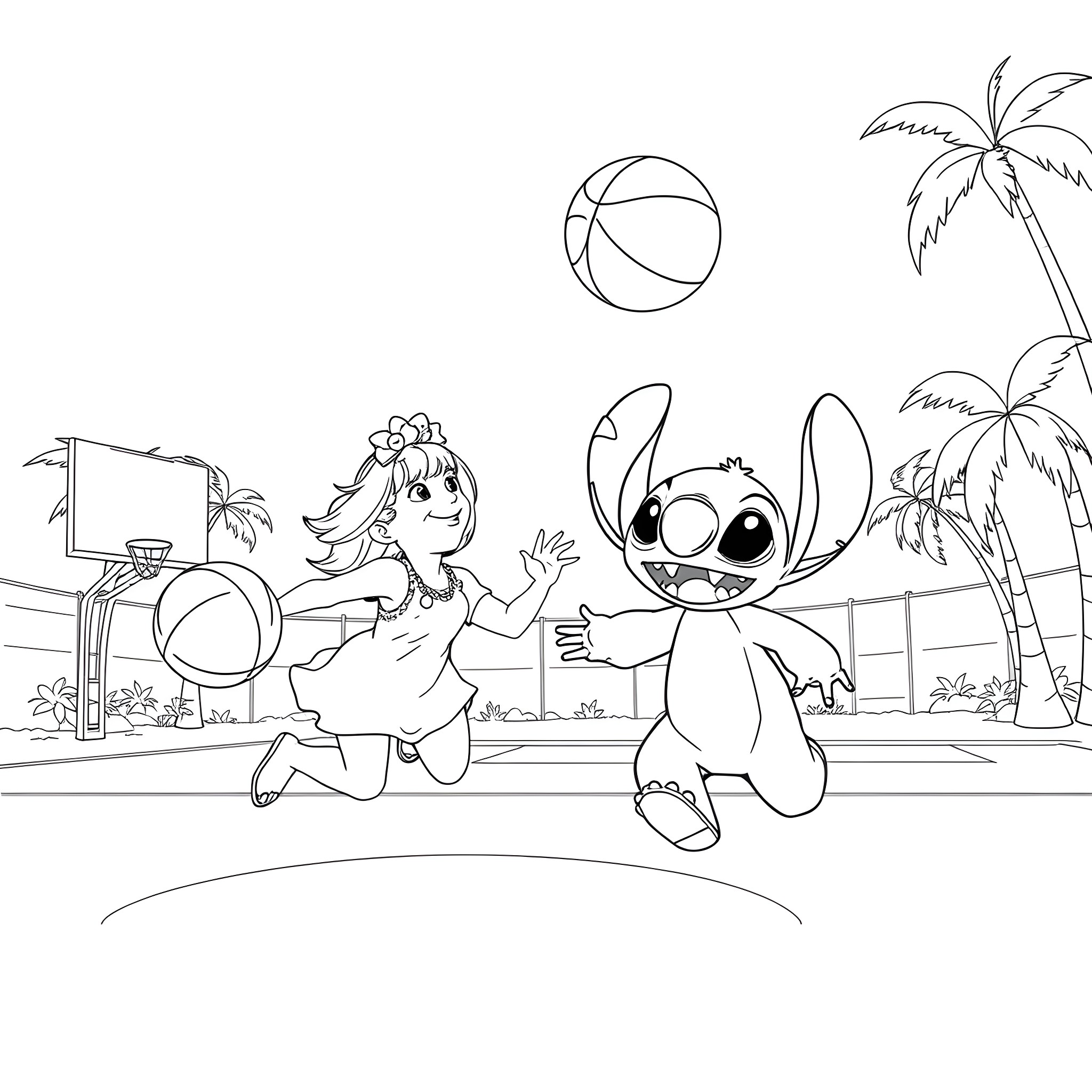 Lilo playing with Stitch at the beach Coloring Page (free black-and-white line drawing printable PDF for all, from beginners to advanced learners, including children, teens, adults, and seniors)