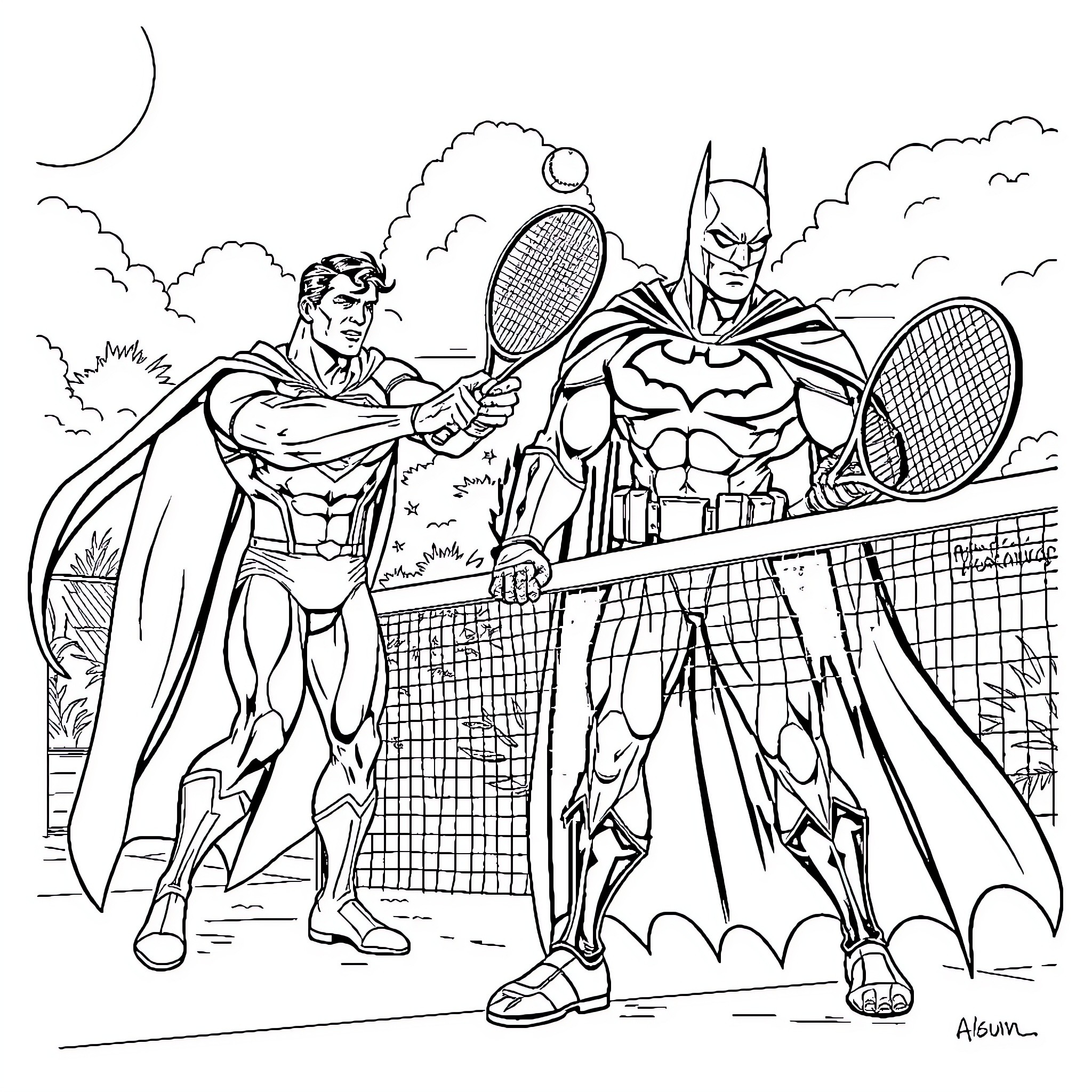Superman and Batman playing tennis on the court Coloring Page (free black-and-white line drawing printable PDF for all, from beginners to advanced learners, including children, teens, adults, and seniors)
