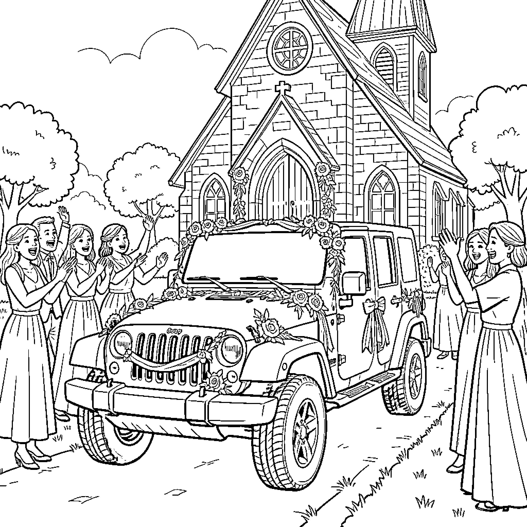 Jeep Wrangler decorated with flowers at a wedding ceremony Coloring Page (free black-and-white line drawing printable PDF for all, from beginners to advanced learners, including children, teens, adults, and seniors)