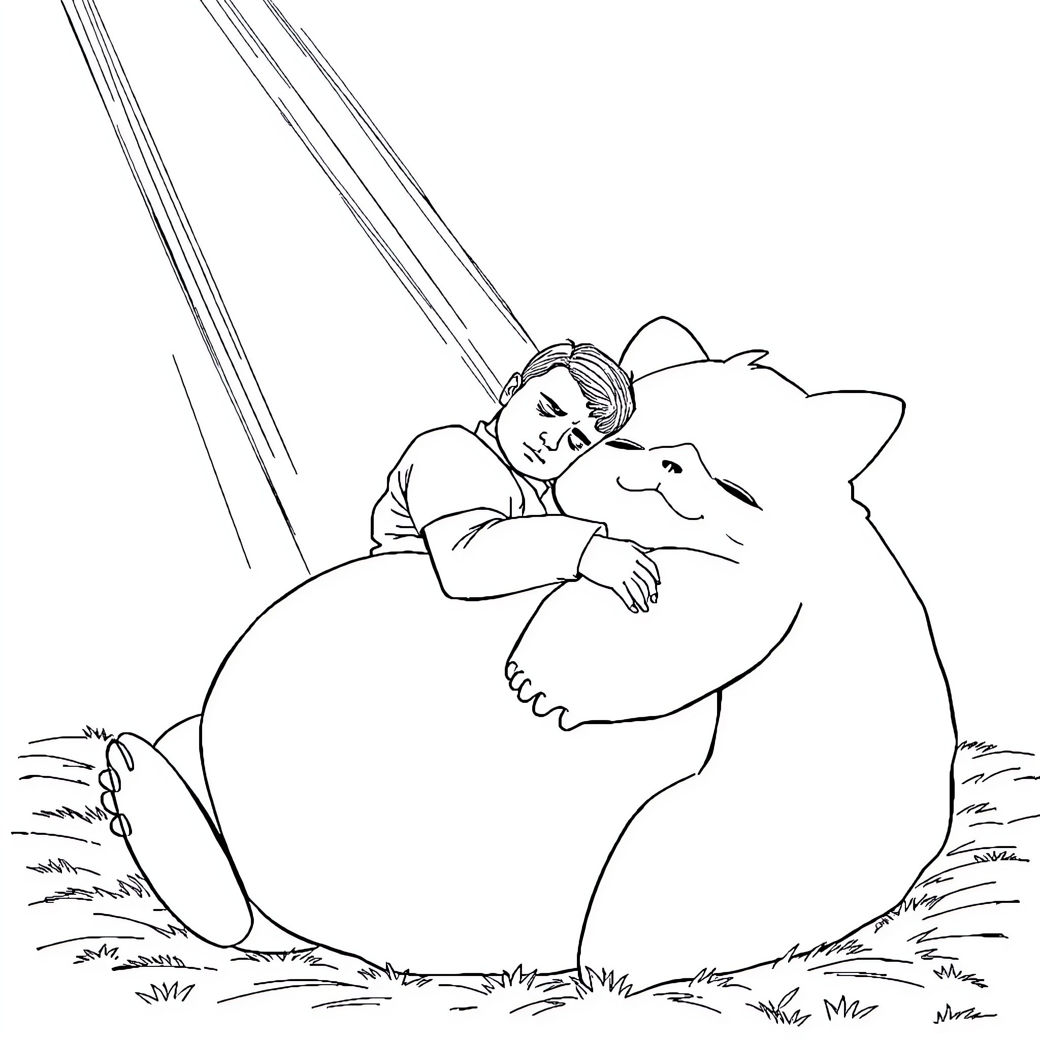 Dad hugs and comforts large friendly animal Coloring Page (free black-and-white line drawing printable PDF for all, from beginners to advanced learners, including children, teens, adults, and seniors)