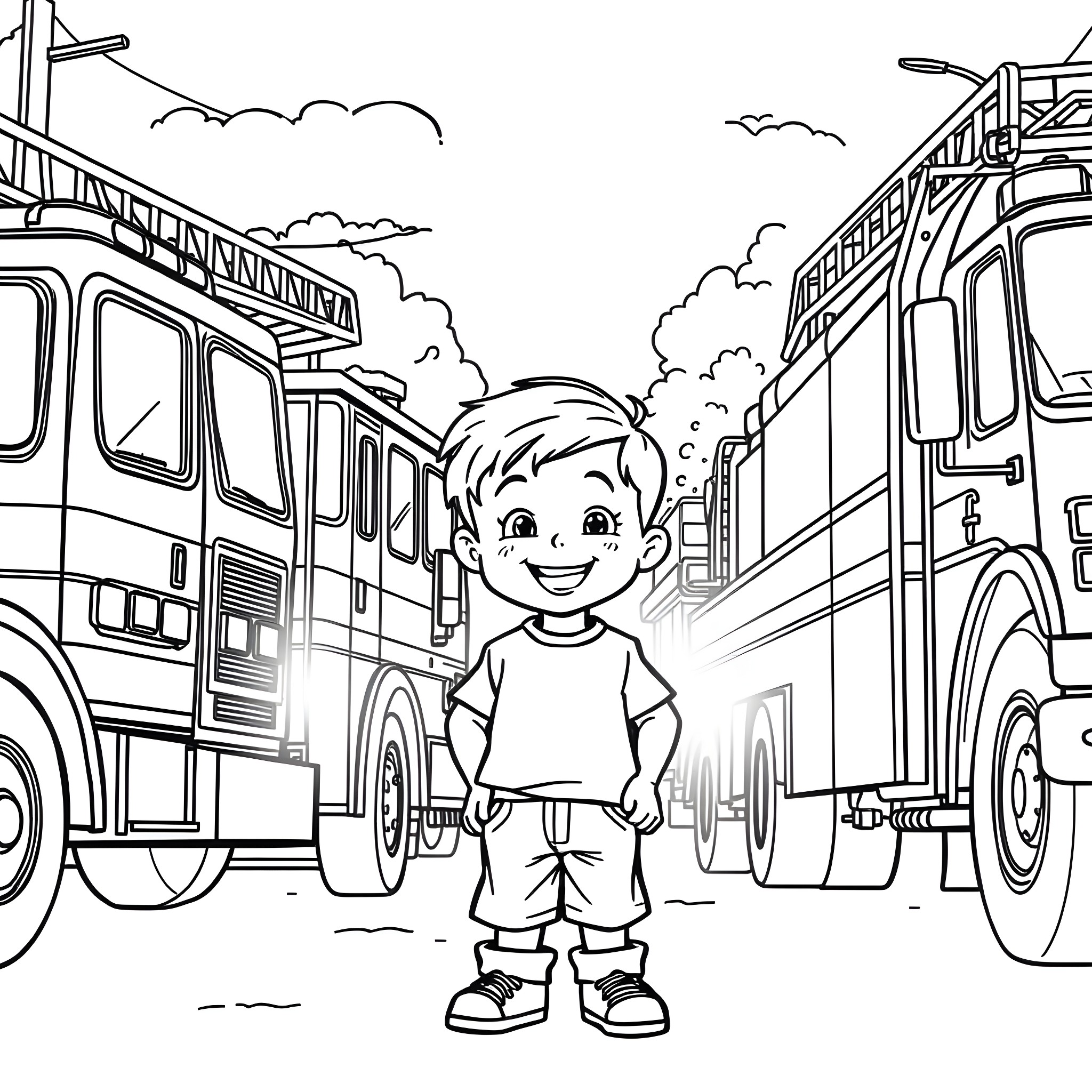 Boy standing in front of fire trucks on city street Coloring Page (free black-and-white line drawing printable PDF for all, from beginners to advanced learners, including children, teens, adults, and seniors)