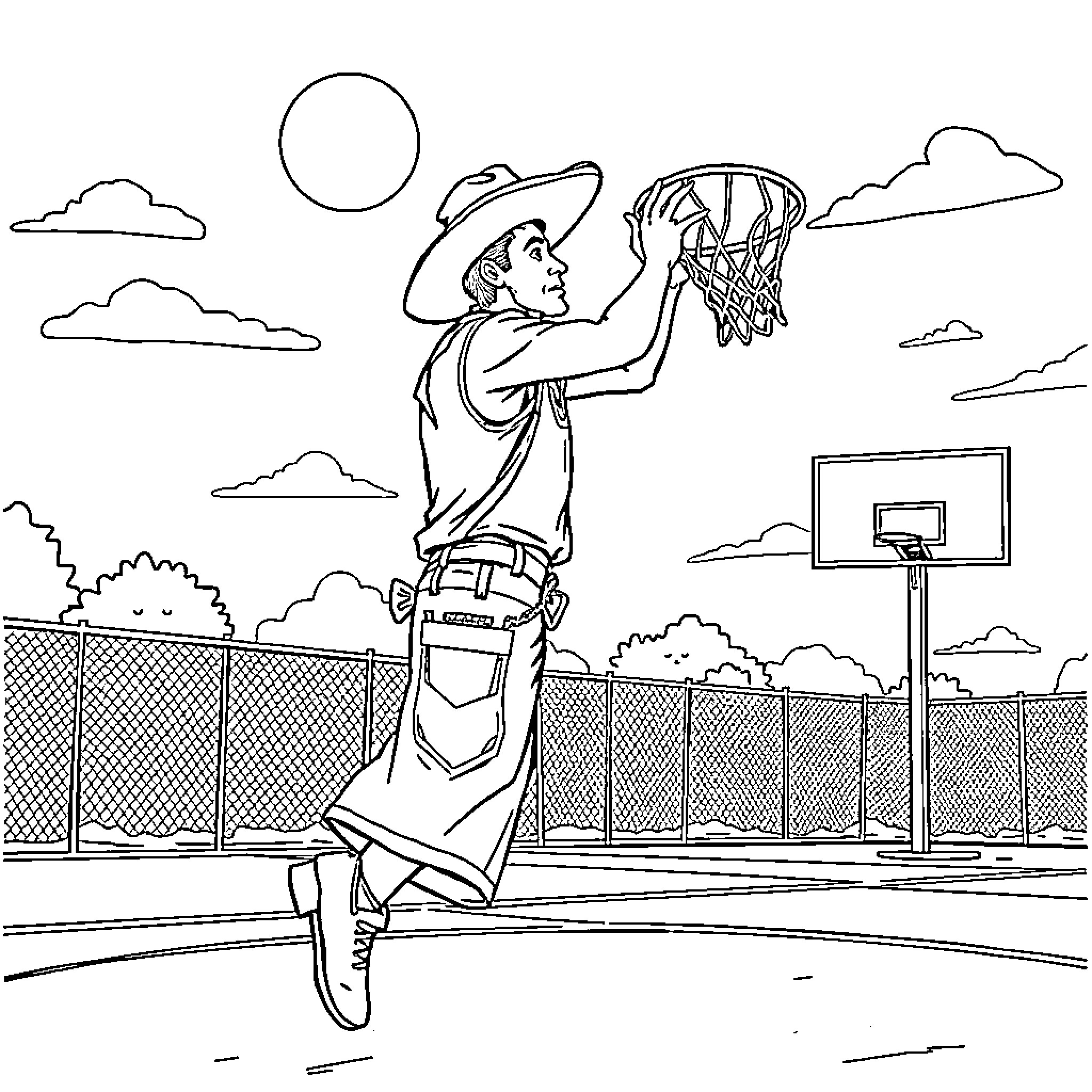 Cowboy shooting hoops on an outdoor basketball court Coloring Page (free black-and-white line drawing printable PDF for all, from beginners to advanced learners, including children, teens, adults, and seniors)