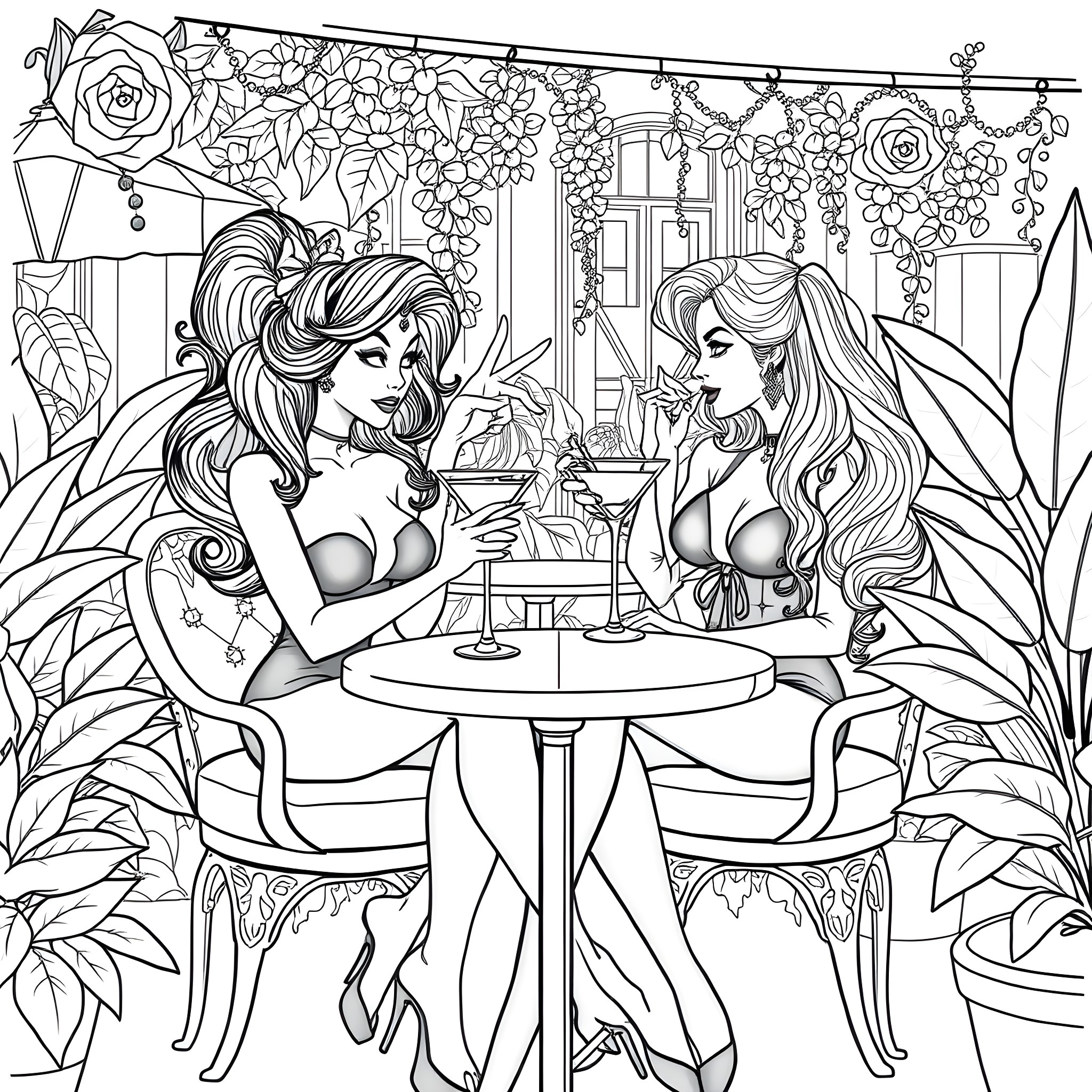 Poison Ivy enjoying a drink with a friend in a lush garden Coloring Page (free black-and-white line drawing printable PDF for all, from beginners to advanced learners, including children, teens, adults, and seniors)