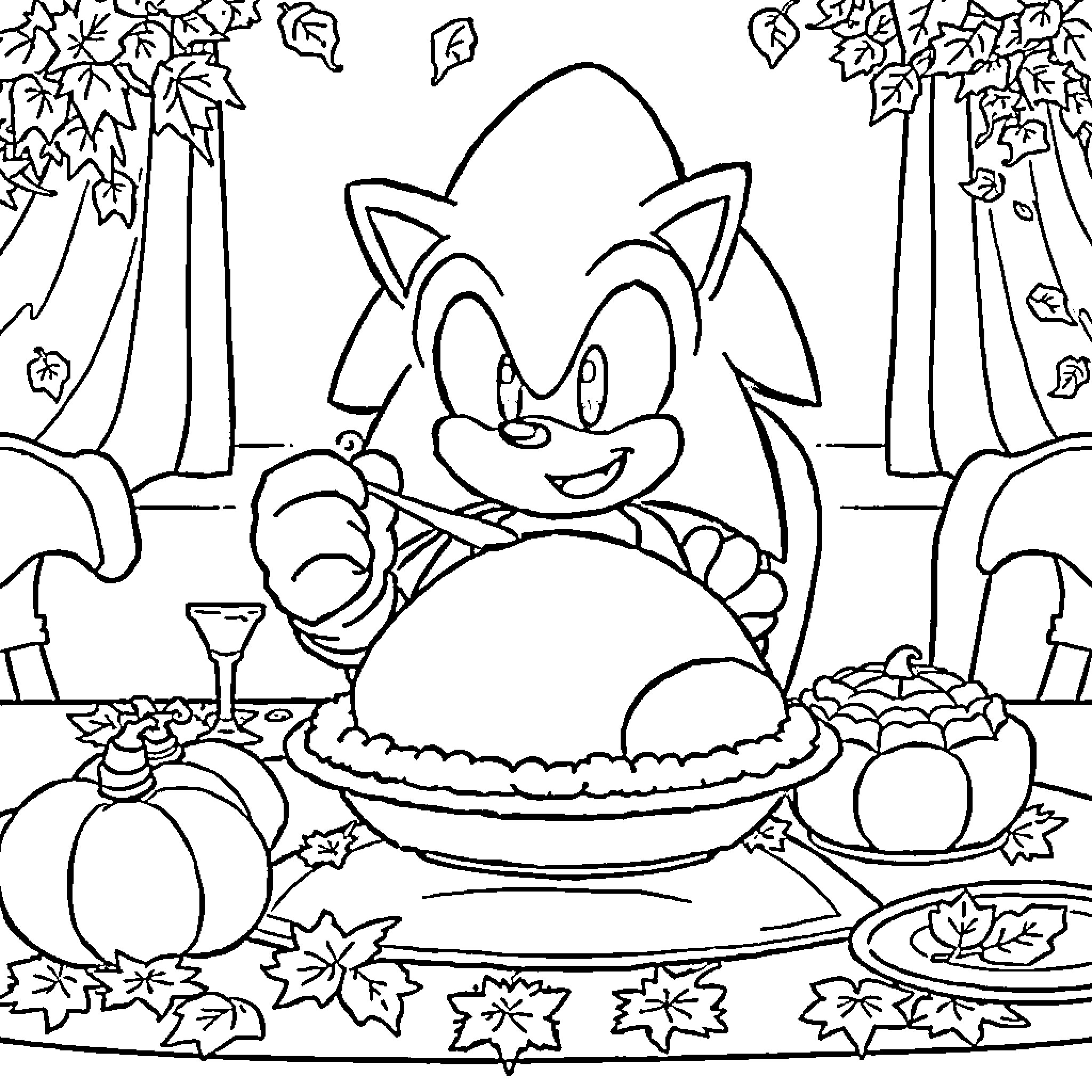 Sonic enjoying a festive autumn meal Coloring Page (free black-and-white line drawing printable PDF for all, from beginners to advanced learners, including children, teens, adults, and seniors)