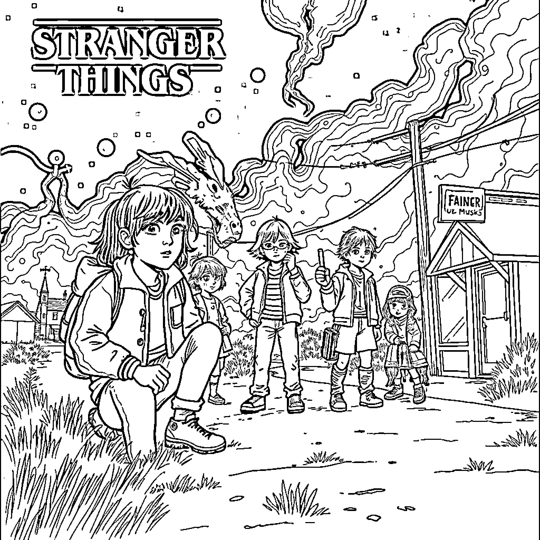 Stranger Things: Characters in Strange, Supernatural Scene Coloring Page (free black-and-white line drawing printable PDF for all, from beginners to advanced learners, including children, teens, adults, and seniors)