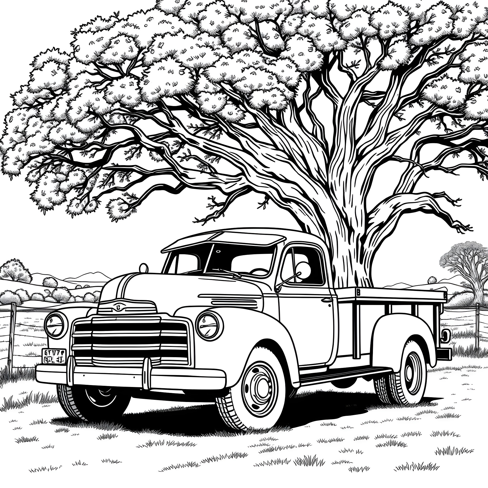Truck parked under a massive tree in the countryside Coloring Page (free black-and-white line drawing printable PDF for all, from beginners to advanced learners, including children, teens, adults, and seniors)