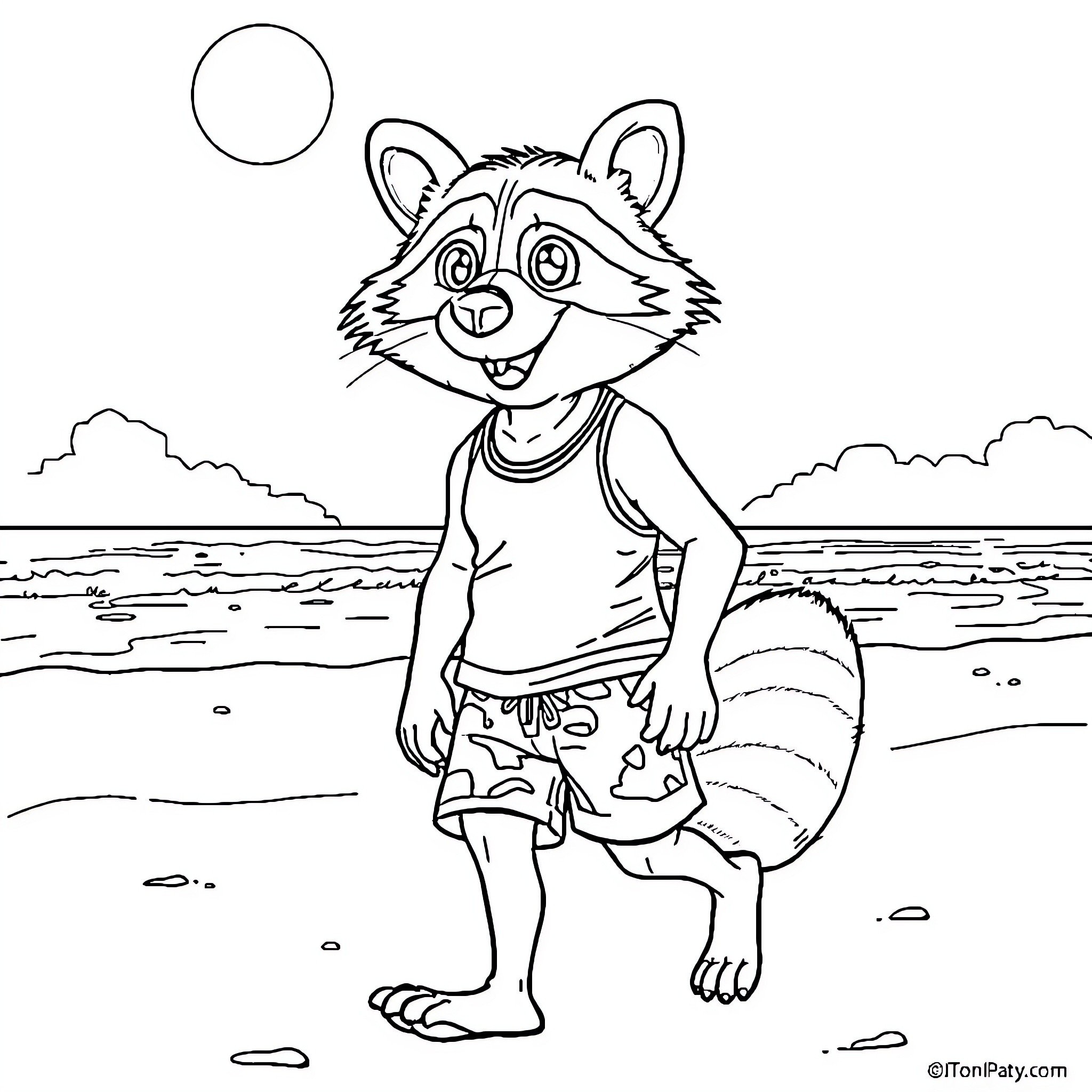 Raccoon enjoying a day at the beach Coloring Page (free black-and-white line drawing printable PDF for all, from beginners to advanced learners, including children, teens, adults, and seniors)