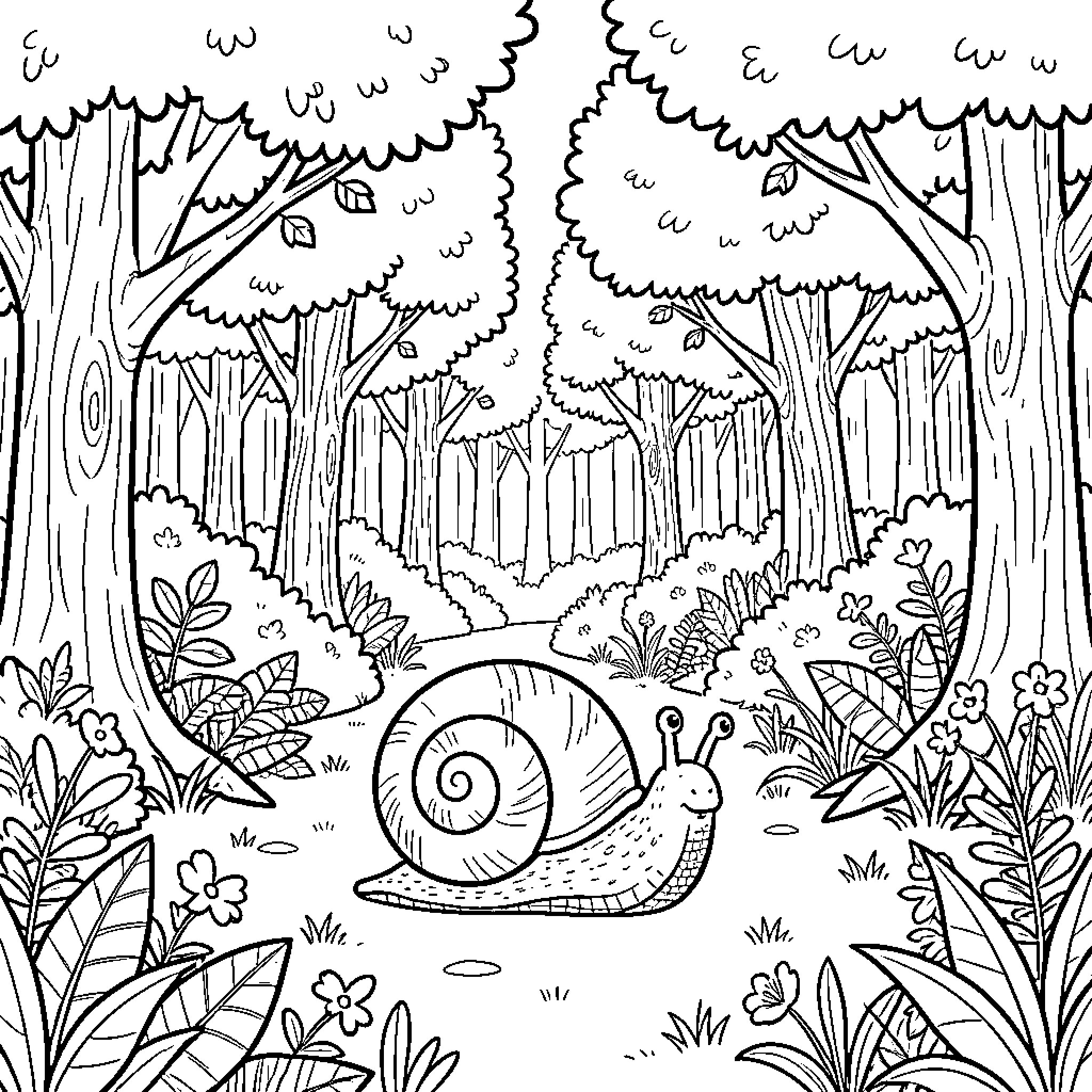 Caracol crawling through a lush forest path Coloring Page (free black-and-white line drawing printable PDF for all, from beginners to advanced learners, including children, teens, adults, and seniors)