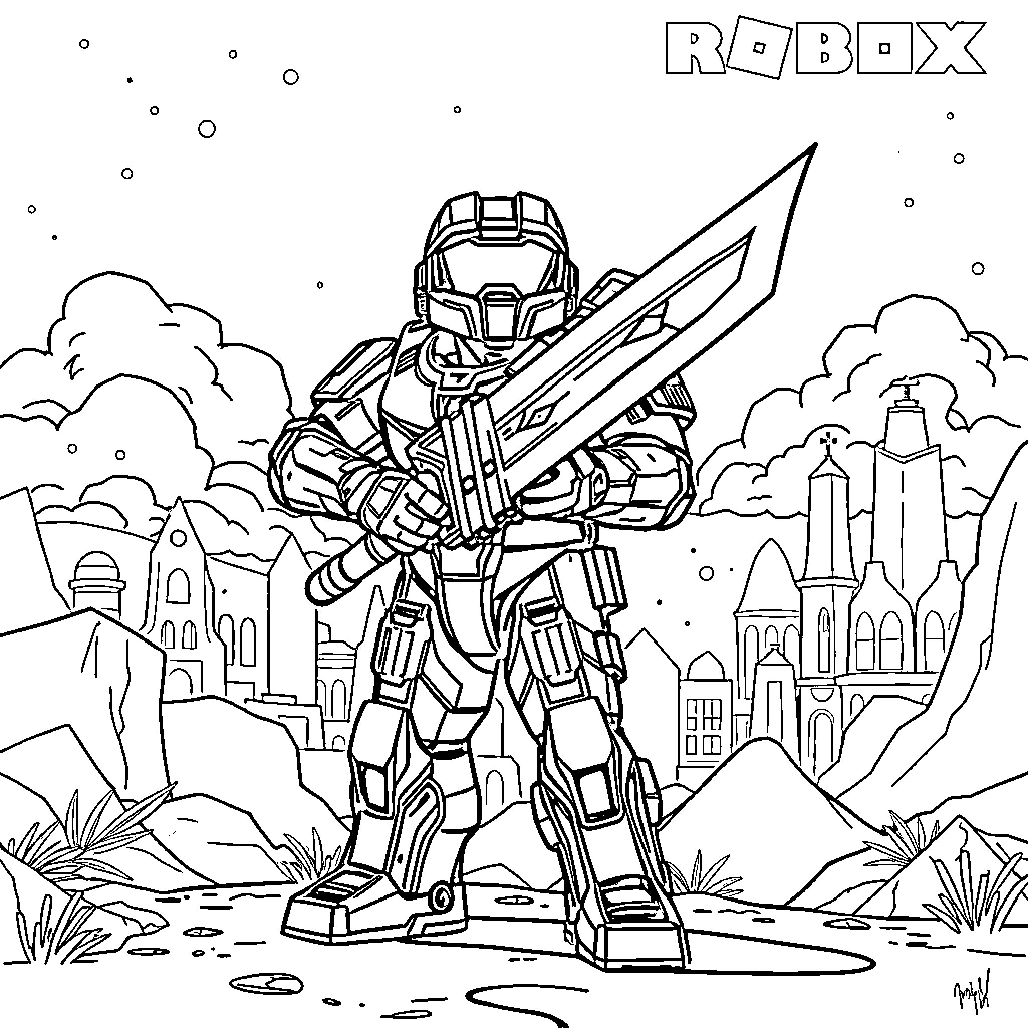 Master Chief wielding a weapon in a battle-ready pose Coloring Page (free black-and-white line drawing printable PDF for all, from beginners to advanced learners, including children, teens, adults, and seniors)