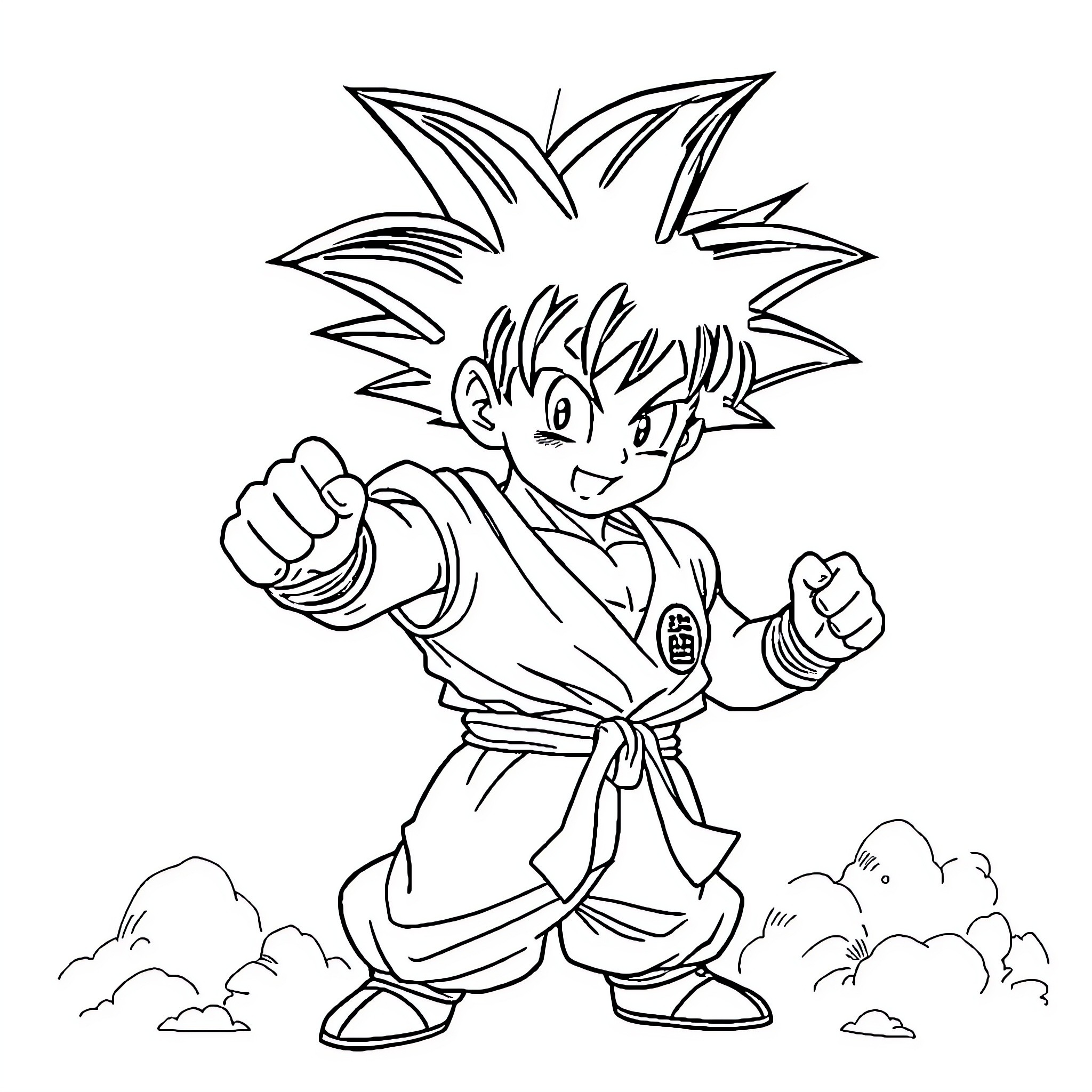 Goku in fighting stance with determined expression Coloring Page (free black-and-white line drawing printable PDF for all, from beginners to advanced learners, including children, teens, adults, and seniors)