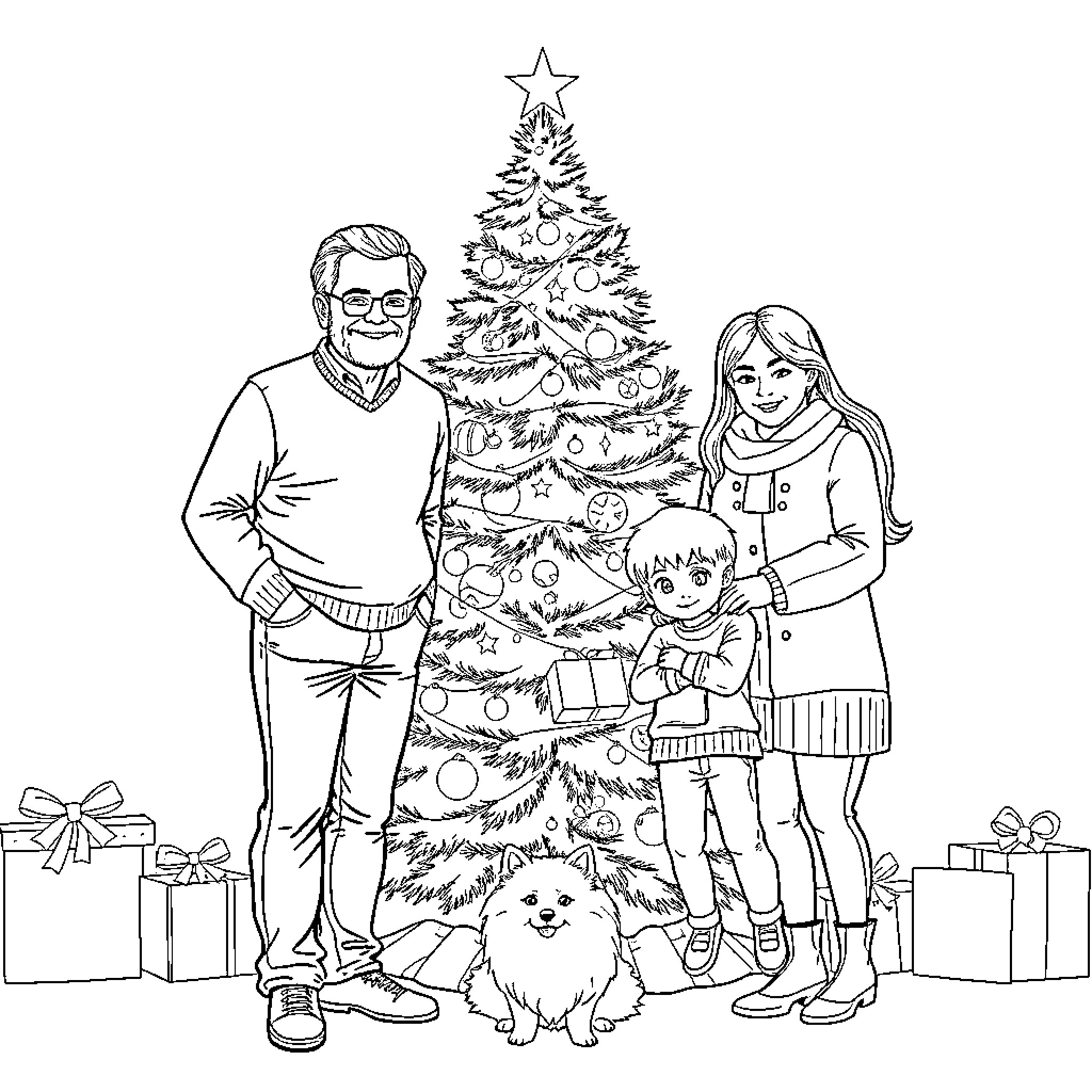 Family Celebrating Christmas Together with Decorated Tree Coloring Page (free black-and-white line drawing printable PDF for all, from beginners to advanced learners, including children, teens, adults, and seniors)
