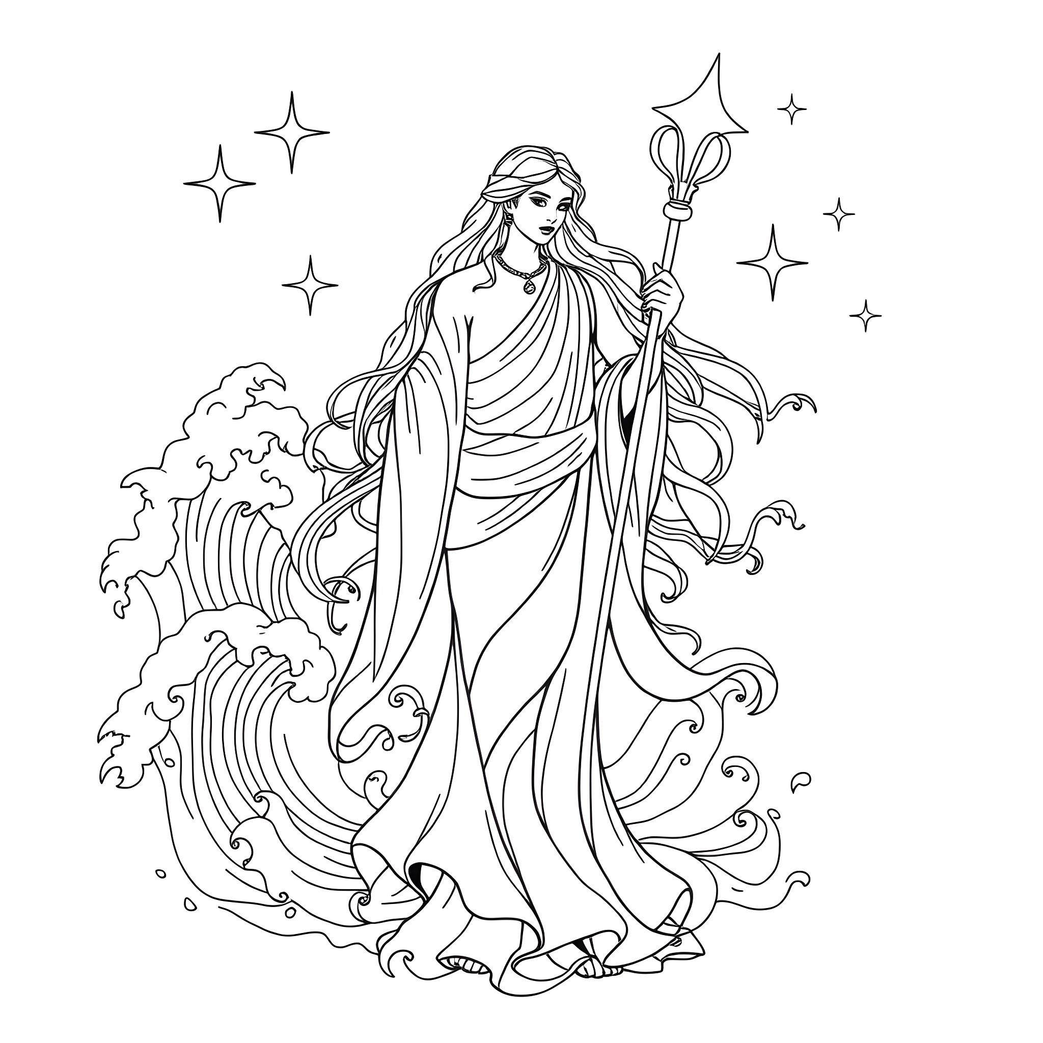 Aquarius Goddess in Flowing Dress with Celestial Motifs Coloring Page (free black-and-white line drawing printable PDF for all, from beginners to advanced learners, including children, teens, adults, and seniors)