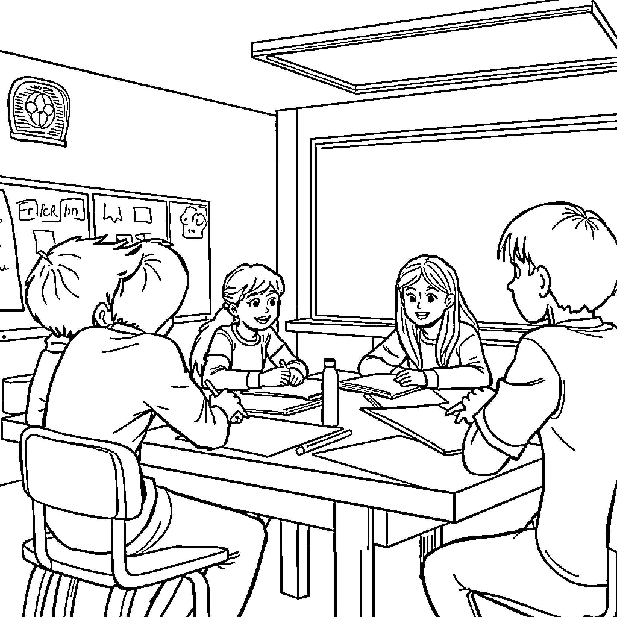 English Students Studying Together in Classroom Coloring Page (free black-and-white line drawing printable PDF for all, from beginners to advanced learners, including children, teens, adults, and seniors)