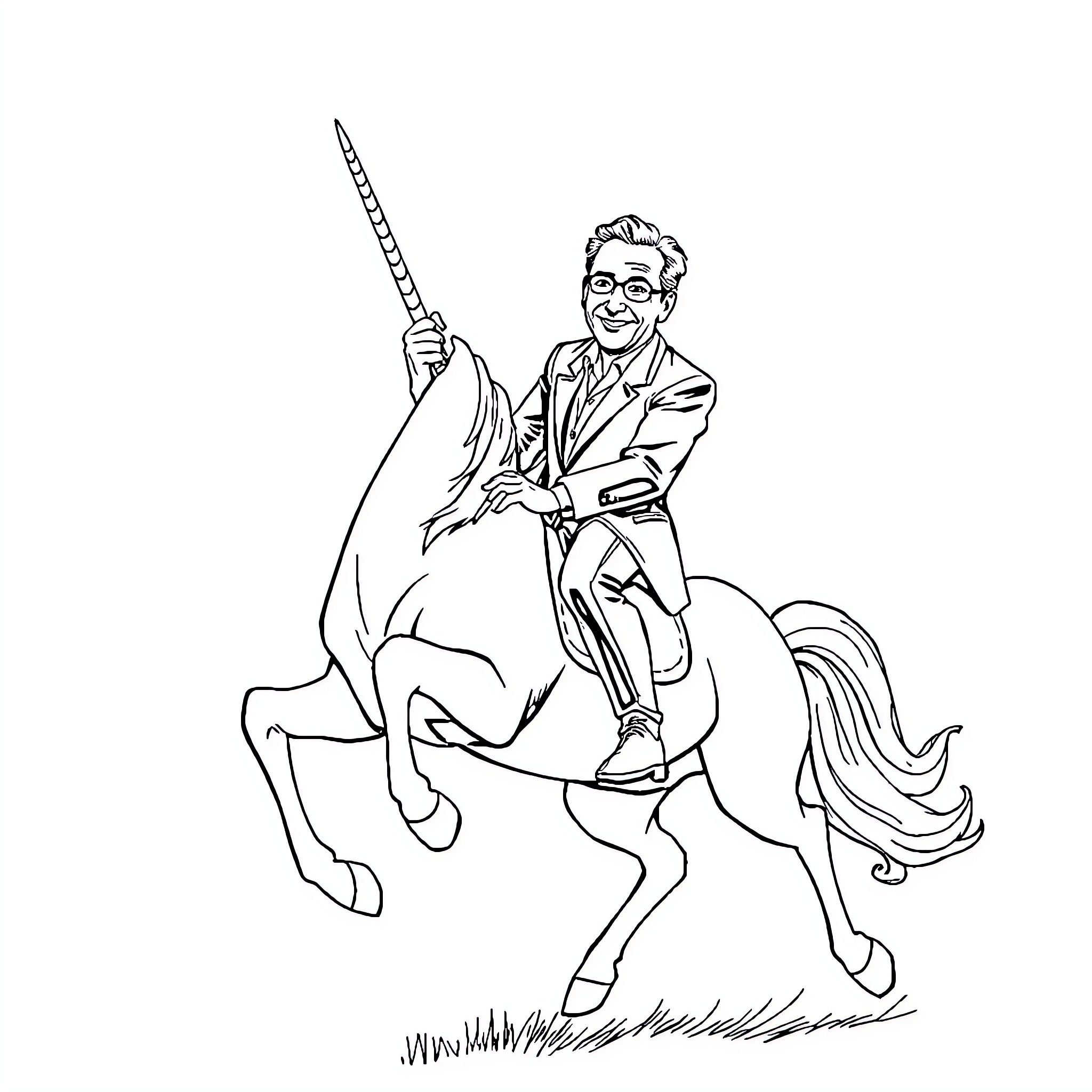 Nicholas Cage riding a unicorn with a sword Coloring Page (free black-and-white line drawing printable PDF for all, from beginners to advanced learners, including children, teens, adults, and seniors)
