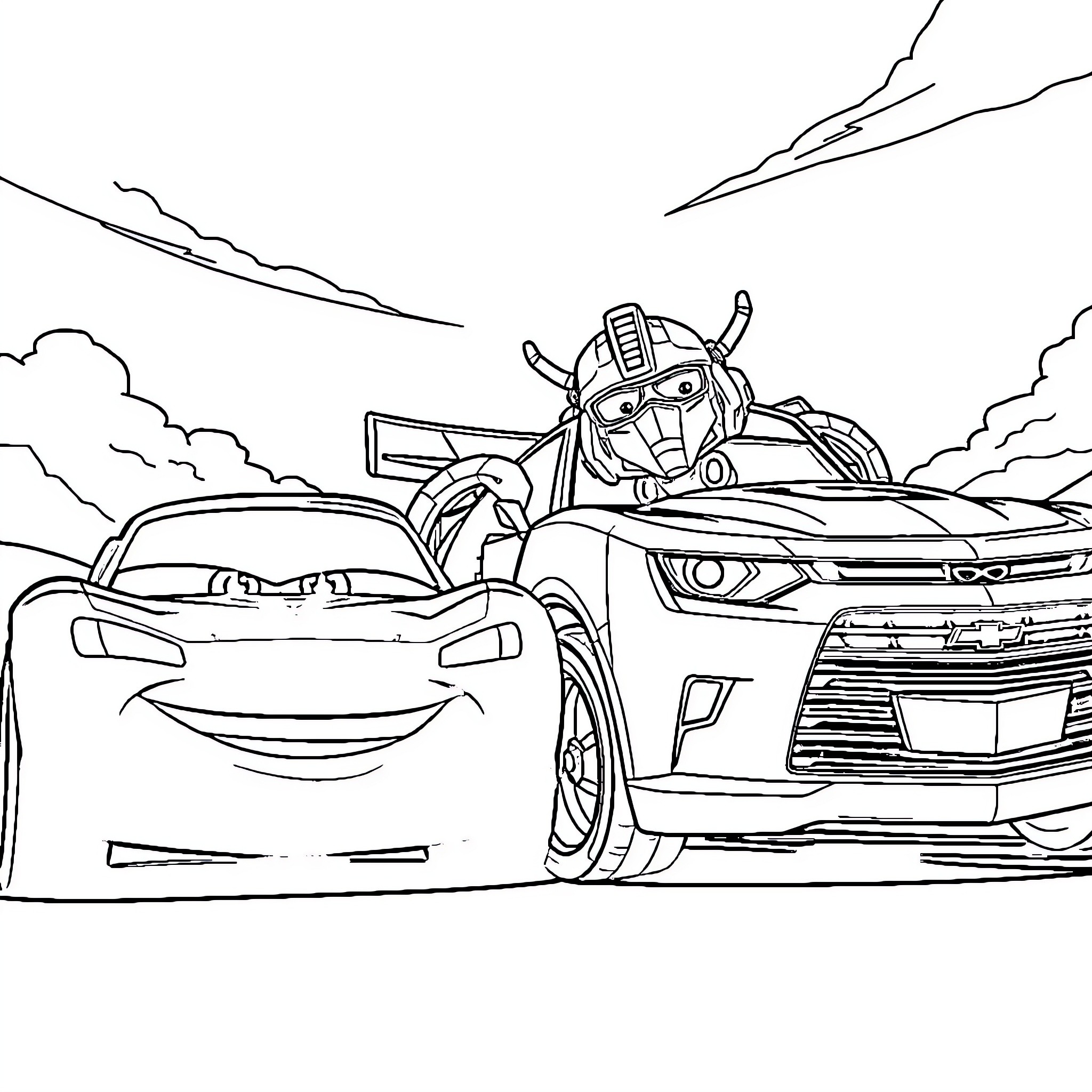 Car with Transformers in scenic landscape Coloring Page (free black-and-white line drawing printable PDF for all, from beginners to advanced learners, including children, teens, adults, and seniors)