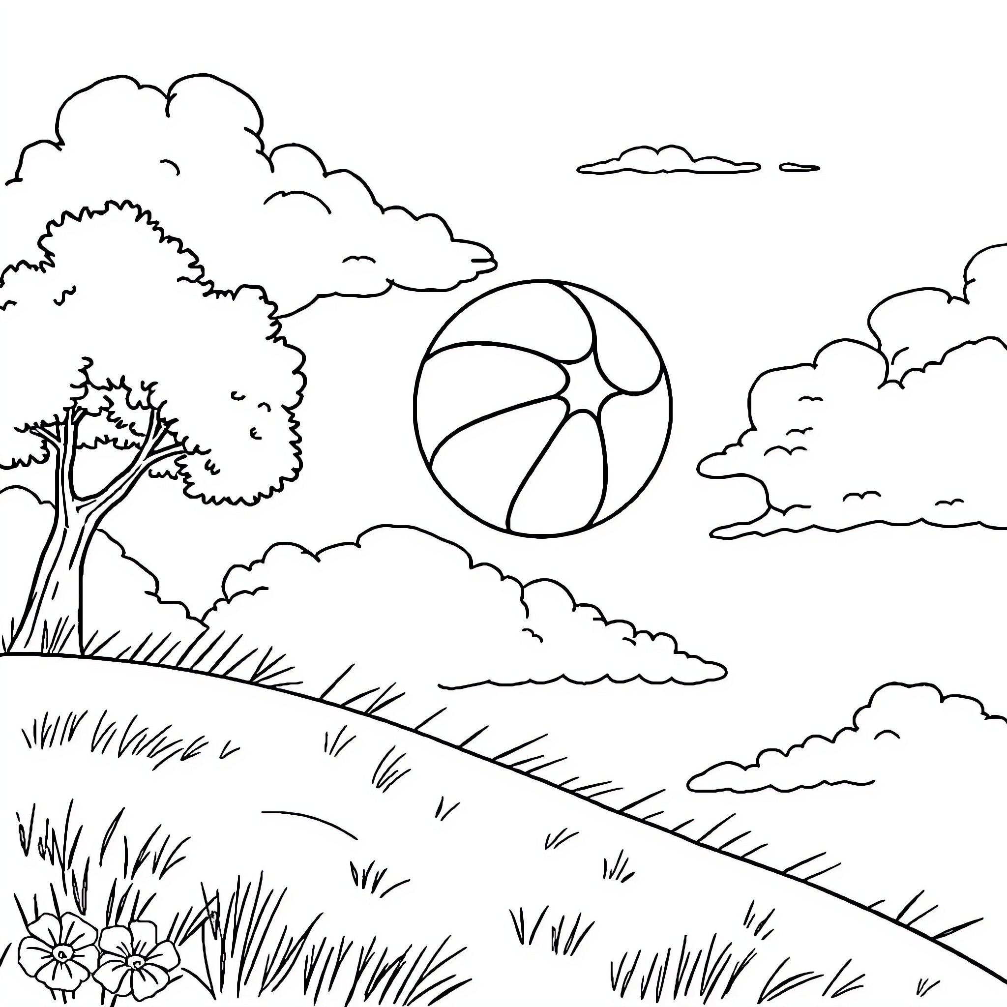 Ball bouncing in a serene outdoor scene Coloring Page (free black-and-white line drawing printable PDF for all, from beginners to advanced learners, including children, teens, adults, and seniors)