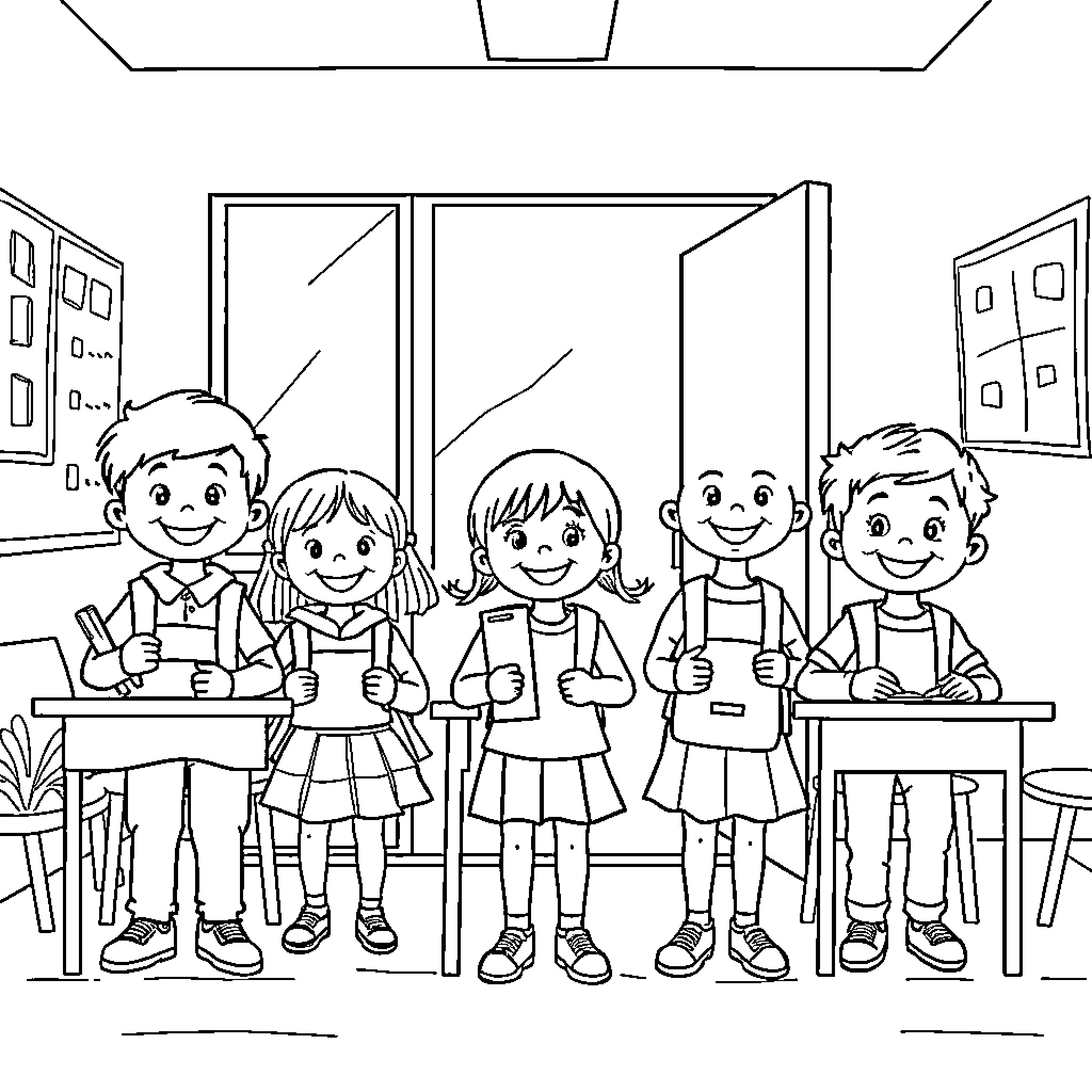 Child learning together in the classroom Coloring Page (free black-and-white line drawing printable PDF for all, from beginners to advanced learners, including children, teens, adults, and seniors)