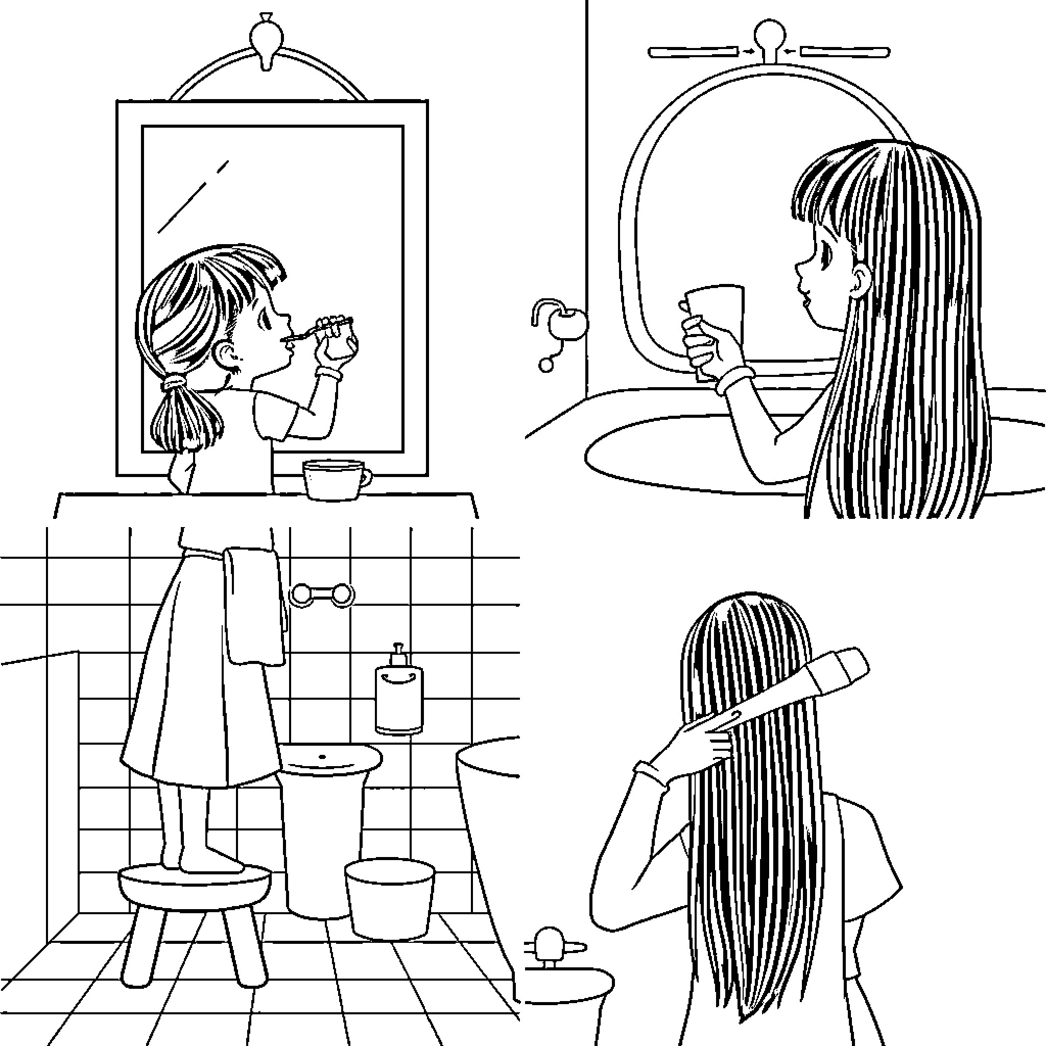 Child brushing teeth and getting ready in bathroom Coloring Page (free black-and-white line drawing printable PDF for all, from beginners to advanced learners, including children, teens, adults, and seniors)