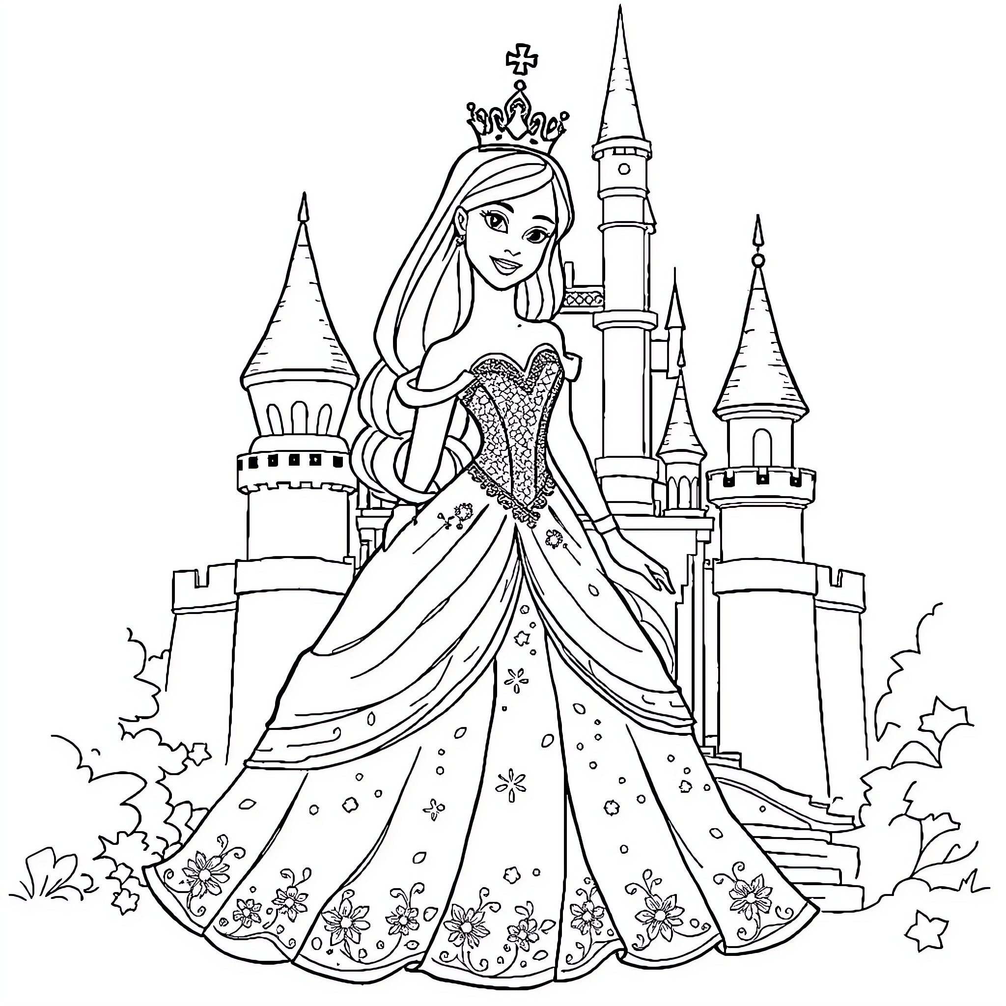 Princess in elegant dress admiring castle Coloring Page (free black-and-white line drawing printable PDF for all, from beginners to advanced learners, including children, teens, adults, and seniors)