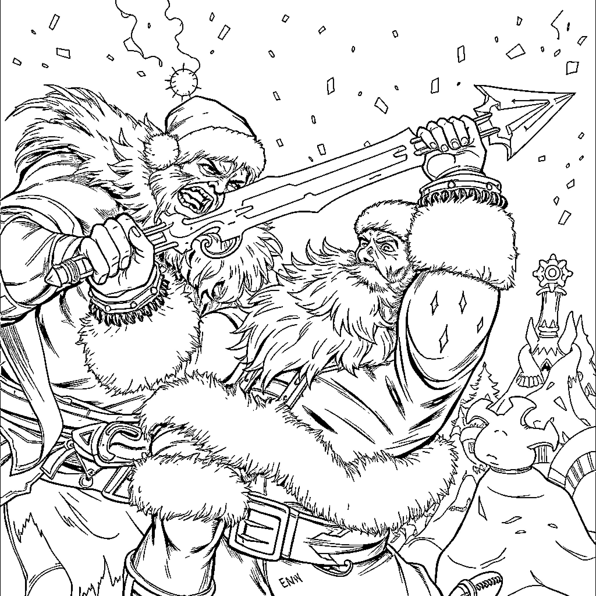 Santa's Ferocious Toy-Making Frenzy Coloring Page (free black-and-white line drawing printable PDF for all, from beginners to advanced learners, including children, teens, adults, and seniors)