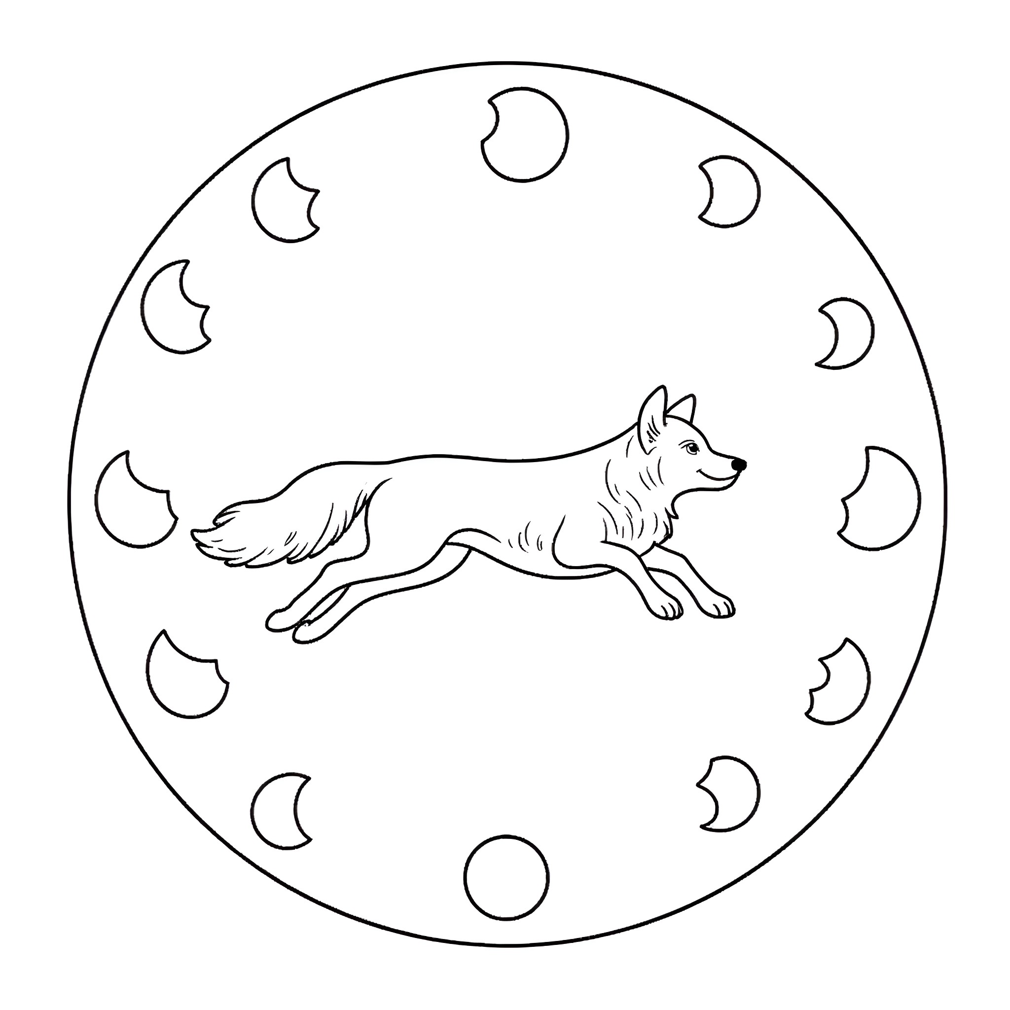 Wolf running under the crescent moon Coloring Page (free black-and-white line drawing printable PDF for all, from beginners to advanced learners, including children, teens, adults, and seniors)