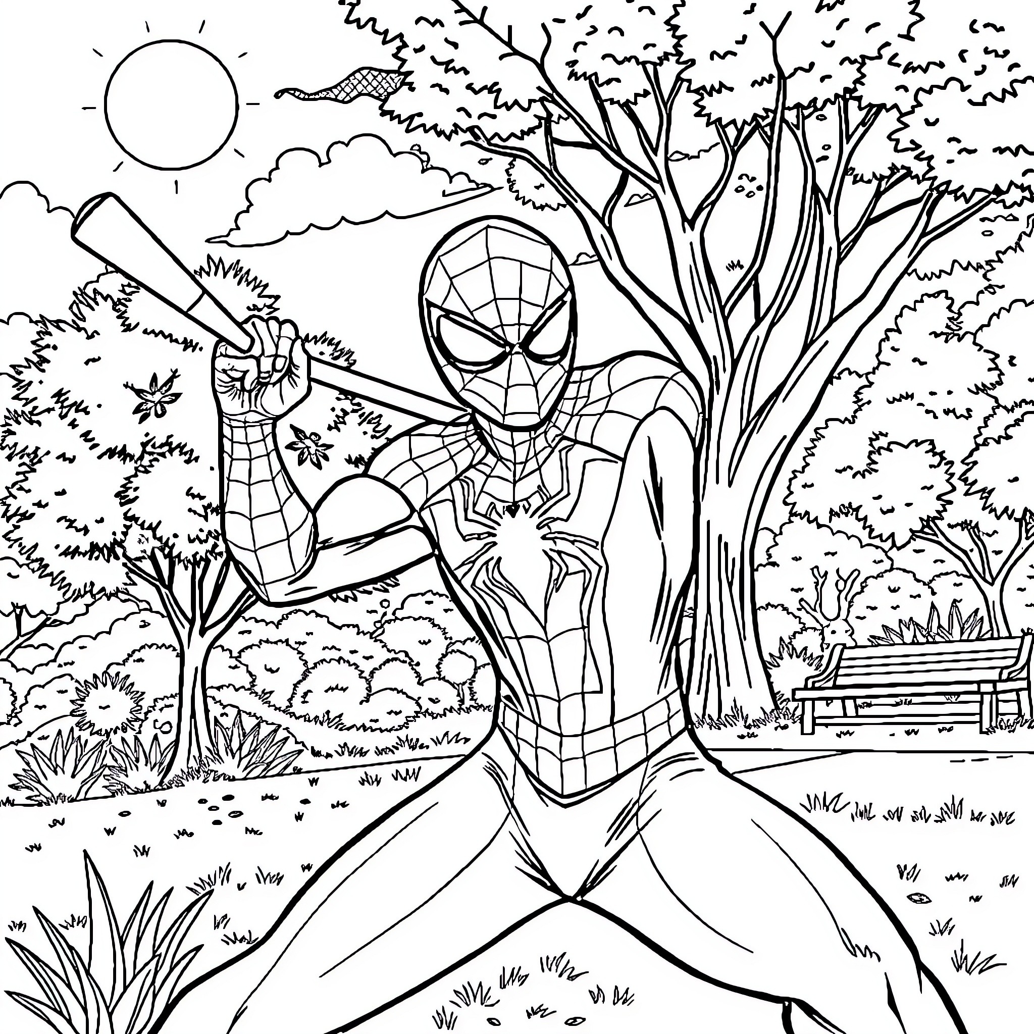 Spiderman swinging through the park Coloring Page (free black-and-white line drawing printable PDF for all, from beginners to advanced learners, including children, teens, adults, and seniors)