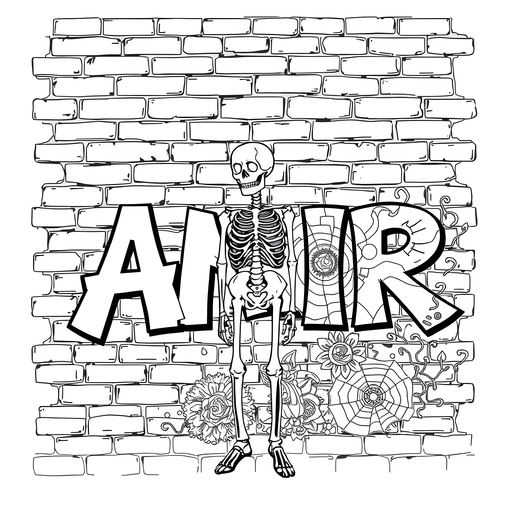 Graffiti skeleton with floral designs on brick wall Coloring Page (free black-and-white line drawing printable PDF for all, from beginners to advanced learners, including children, teens, adults, and seniors)