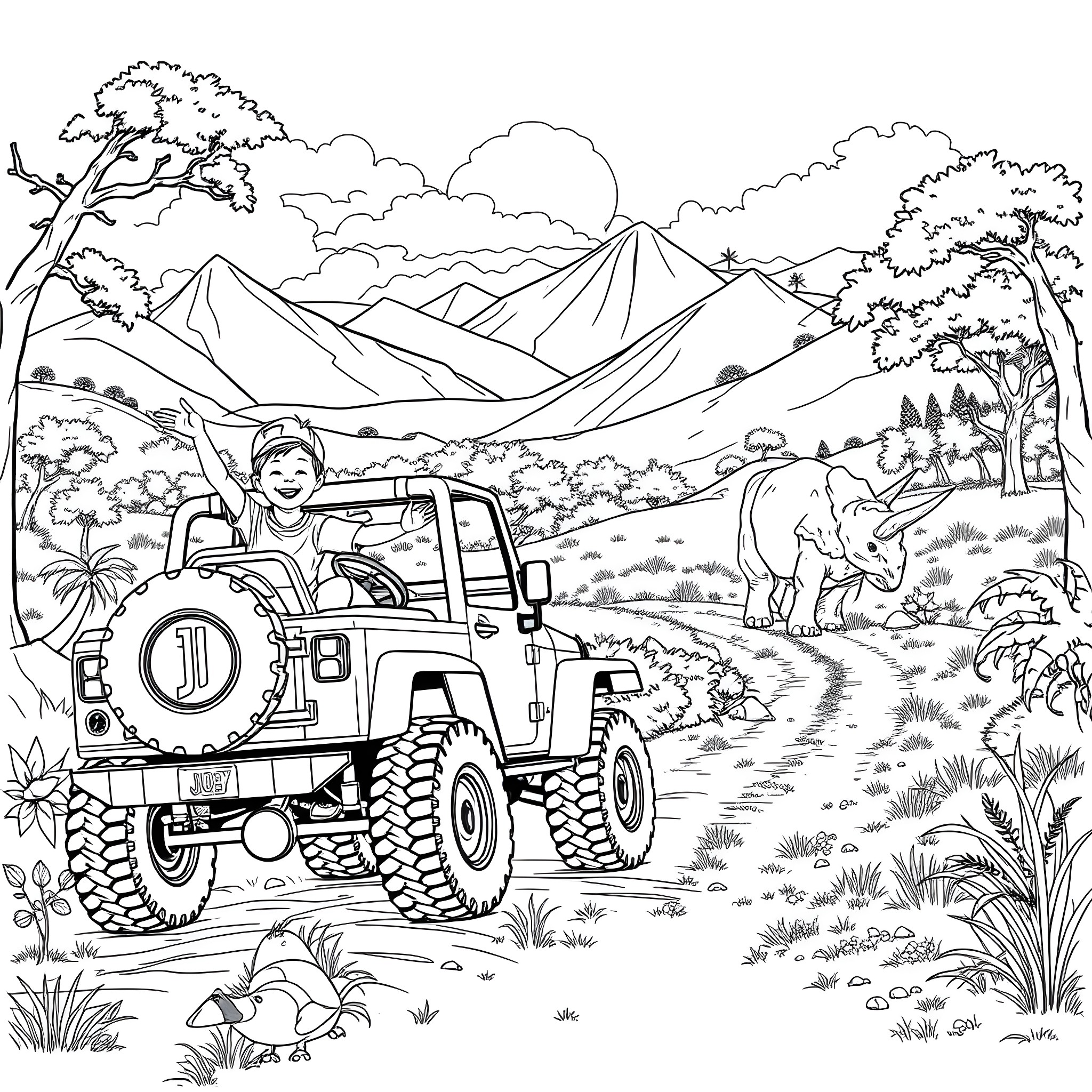Boy driving tractor in scenic mountain landscape Coloring Page (free black-and-white line drawing printable PDF for all, from beginners to advanced learners, including children, teens, adults, and seniors)