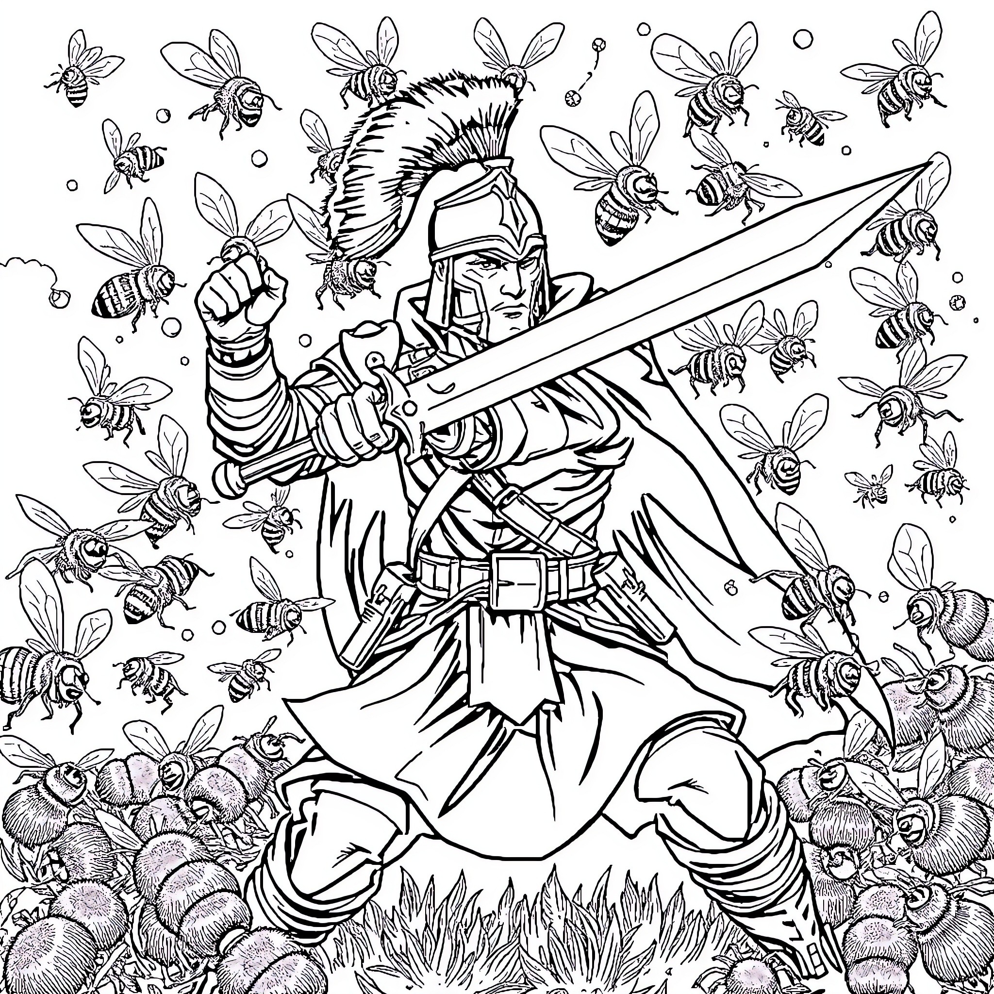 Soldier battles swarming bees with sword Coloring Page (free black-and-white line drawing printable PDF for all, from beginners to advanced learners, including children, teens, adults, and seniors)