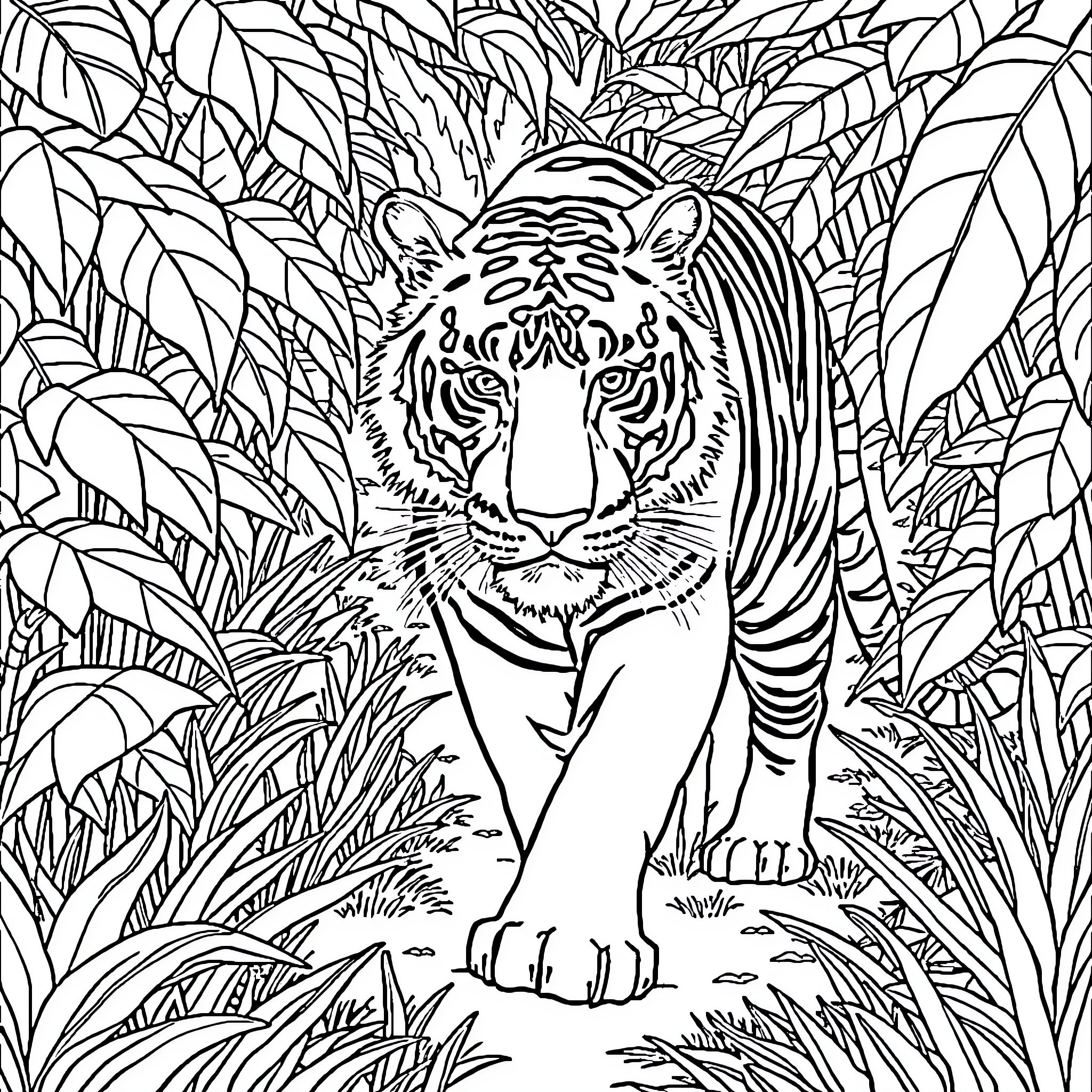 Tiger Prowling Through the Lush Jungle Coloring Page (free black-and-white line drawing printable PDF for all, from beginners to advanced learners, including children, teens, adults, and seniors)
