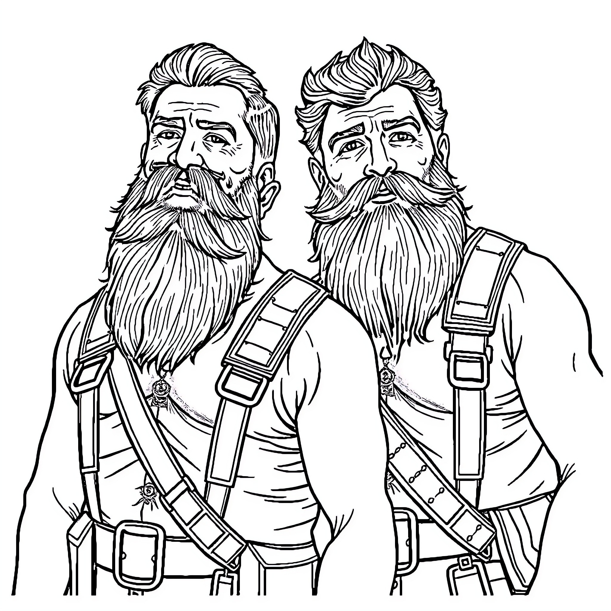Bearded Guys in Rugged Outdoor Gear Coloring Page (free black-and-white line drawing printable PDF for all, from beginners to advanced learners, including children, teens, adults, and seniors)