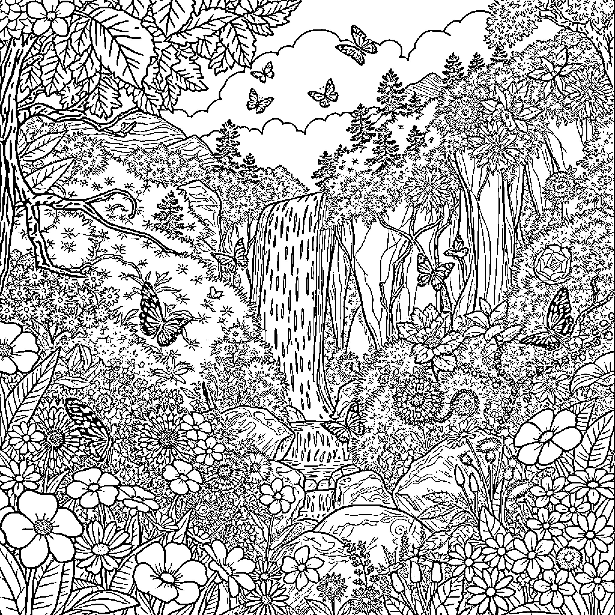 Nature's Enchanting Floral Landscape Coloring Page (free black-and-white line drawing printable PDF for all, from beginners to advanced learners, including children, teens, adults, and seniors)