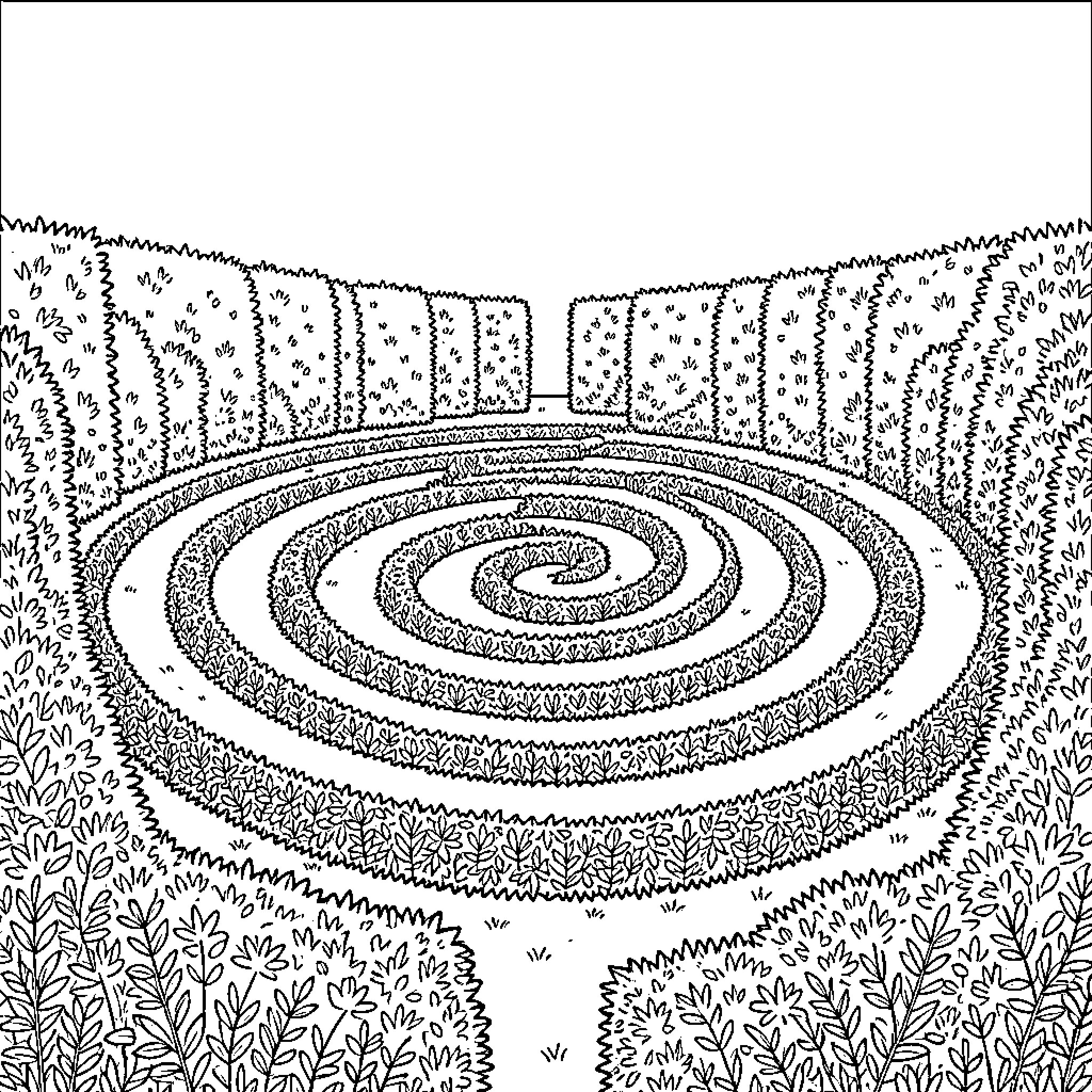 Maze with swirling patterns in a lush garden Coloring Page (free black-and-white line drawing printable PDF for all, from beginners to advanced learners, including children, teens, adults, and seniors)
